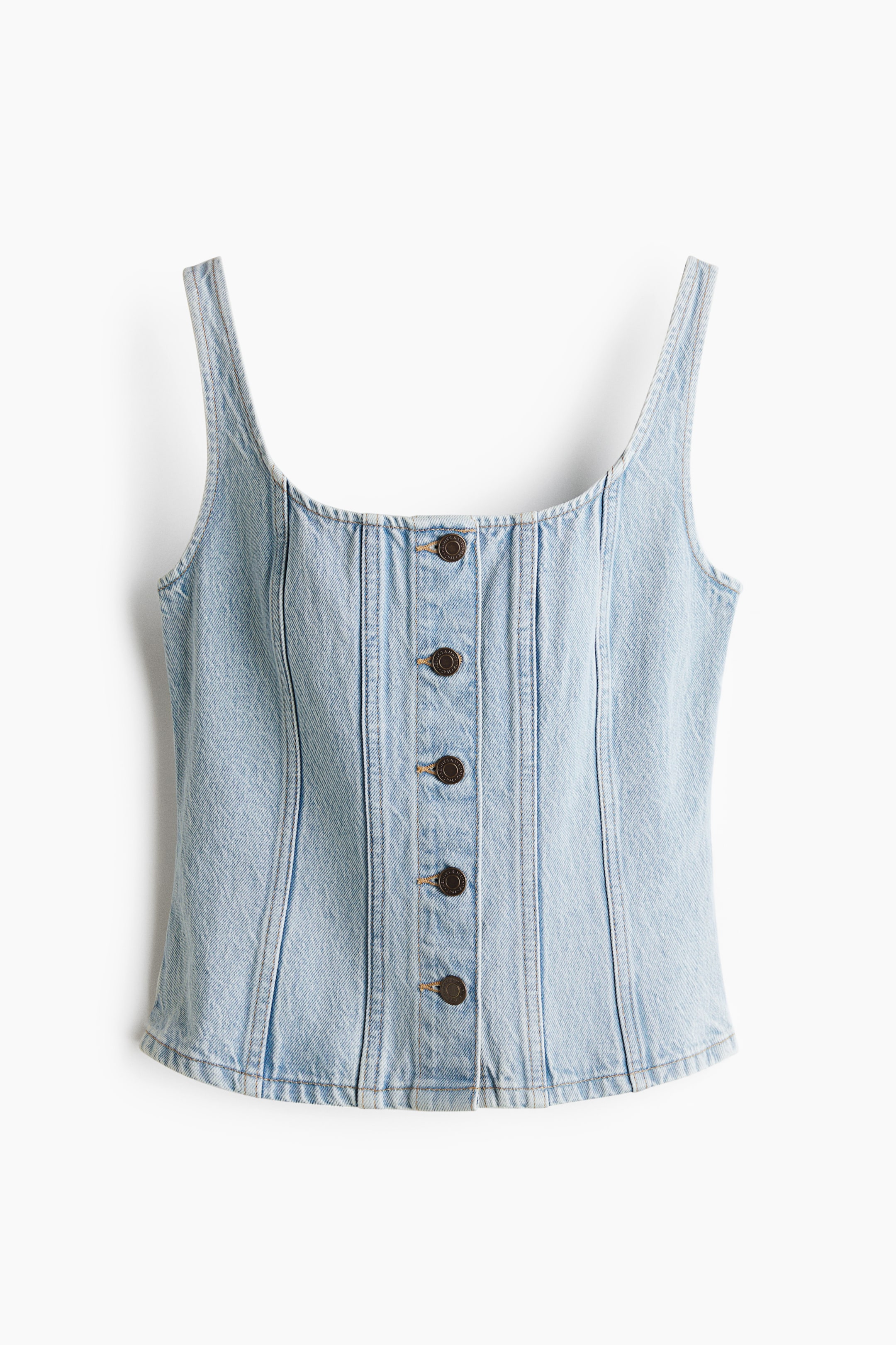 View larger image: A light wash denim camisole is on display, featuring a square neckline and slender straps. It boasts a full button-down front with five dark, round buttons and vertical seaming for structure.