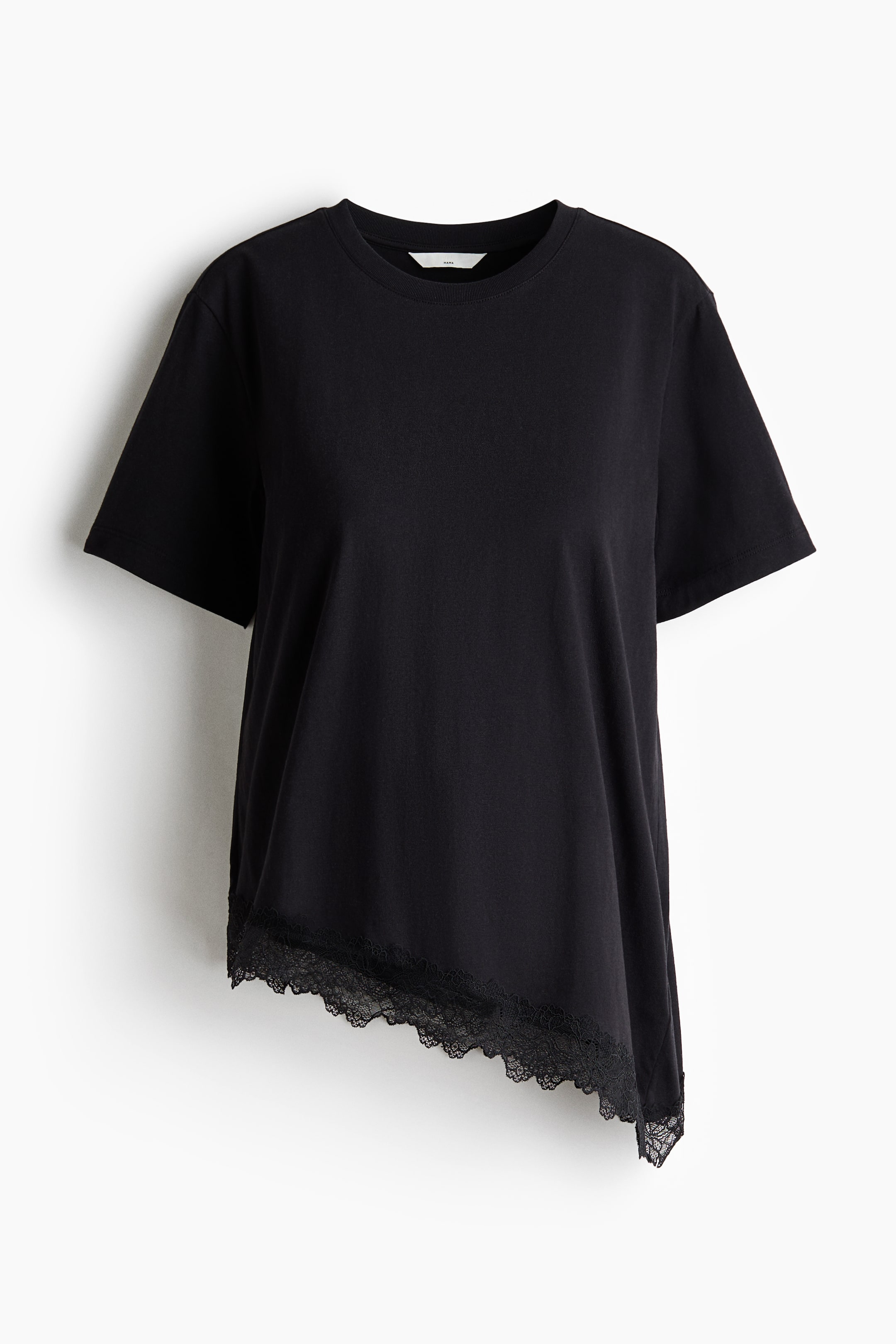 View larger image: A black T-shirt is shown from the front, featuring a crew neck and short sleeves. Its asymmetrical hemline is adorned with black lace trim along the diagonal edge.
