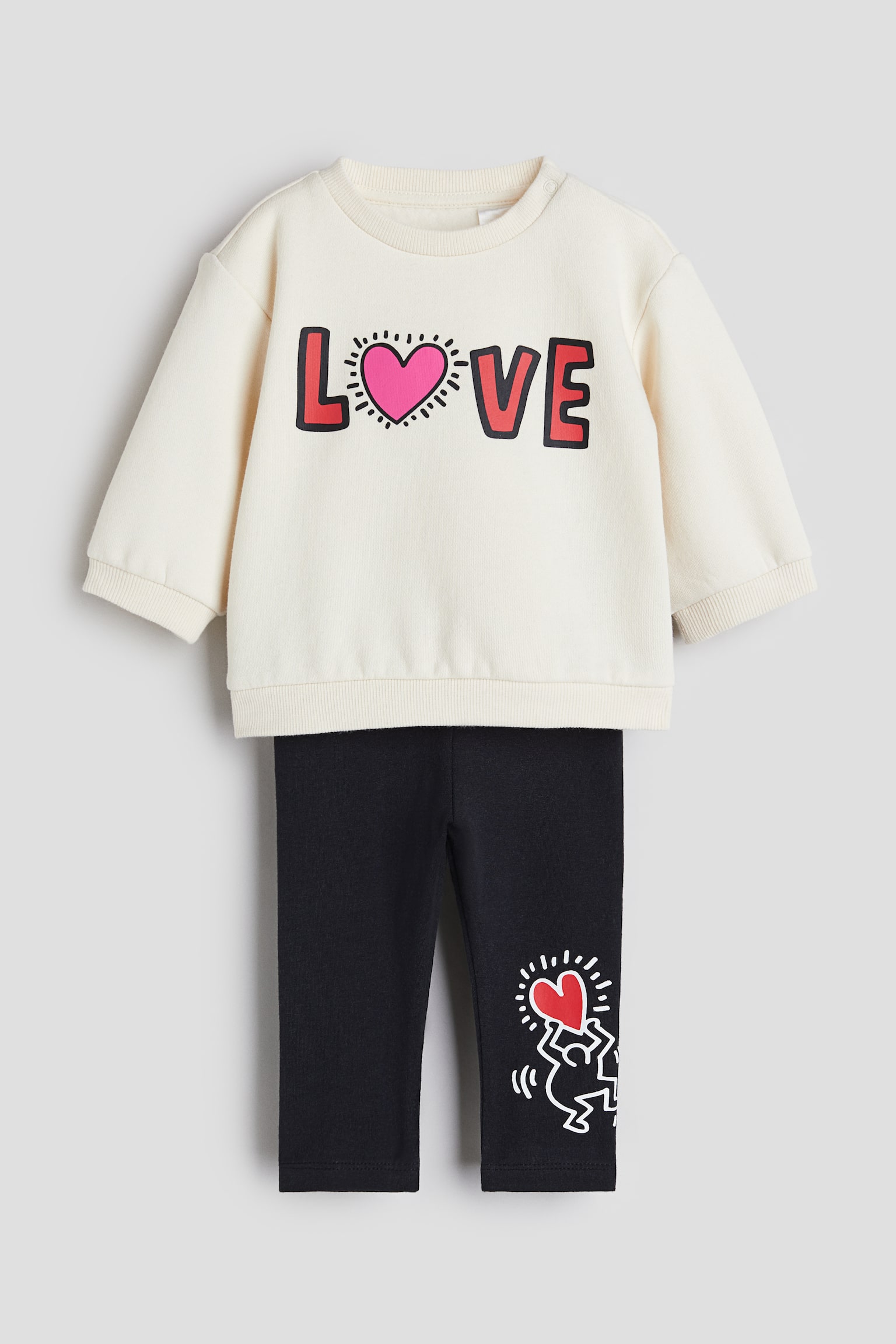 2-piece Print Cotton Set - Cream/Keith Haring/White/Hello Kitty/Light grey marle/Snoopy/Light pink/SmileyWorld®/Natural white/Minnie Mouse/Light beige/Minnie Mouse - 1