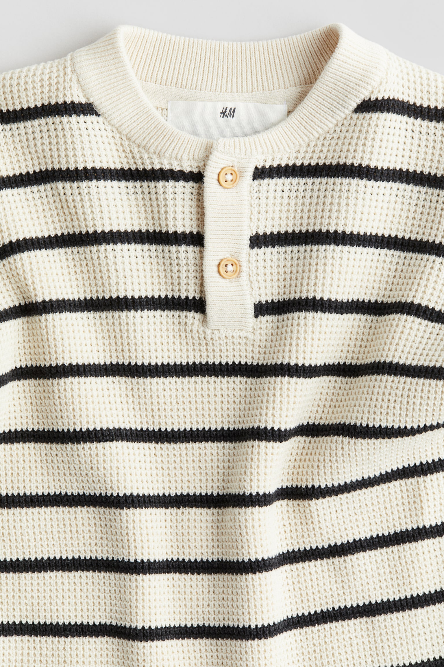 Waffle-knit Henley jumper - Cream/Striped/Khaki green - 6