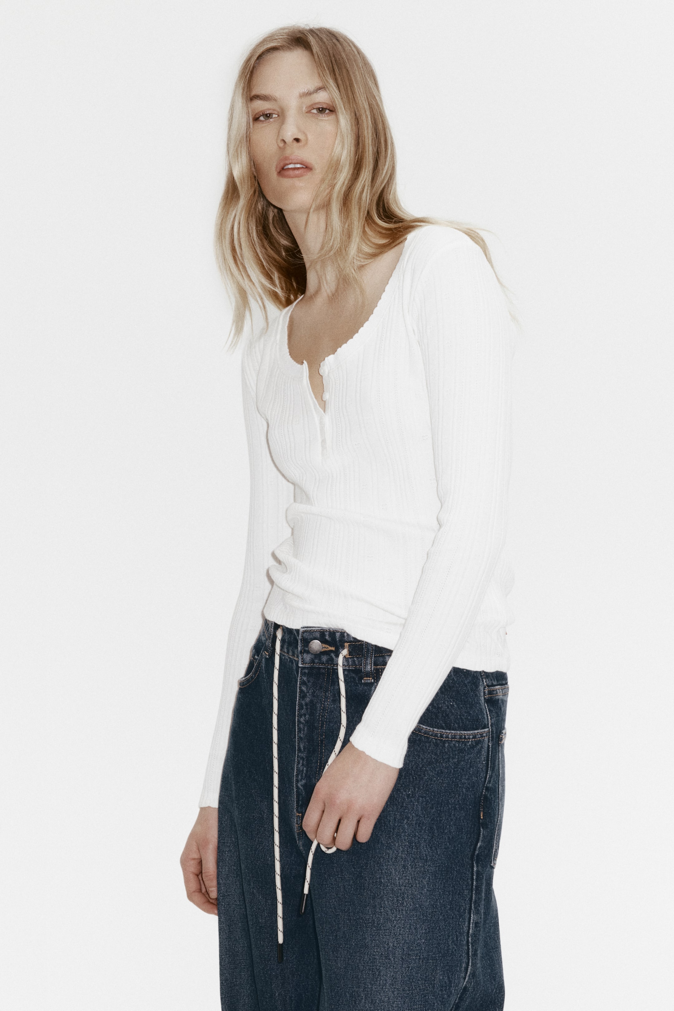 Προβολή μεγαλύτερης εικόνας: Pointelle-knit cotton top - Λευκό - Ladies | H&M GR 1