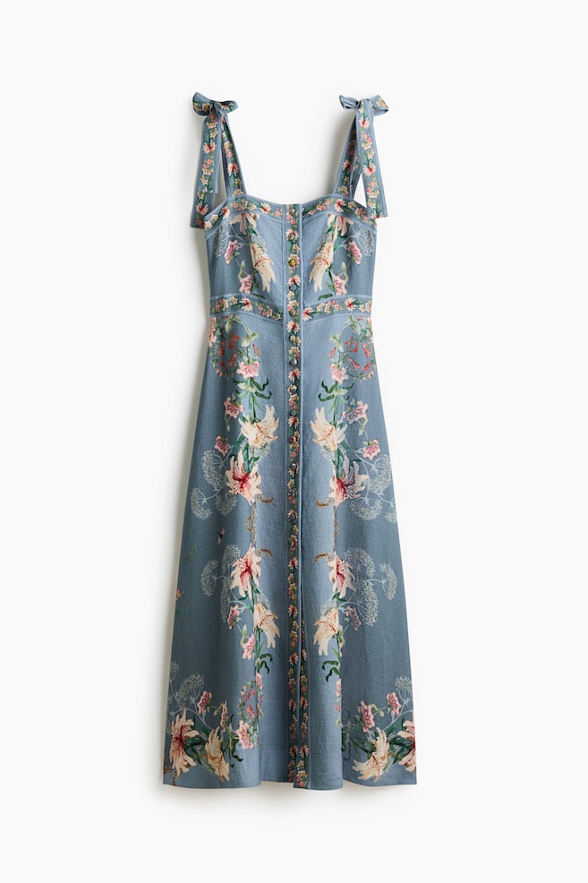 Robe en viscose mélangée avec bretelles à nouer - Bleu ancien/fleuri - 1