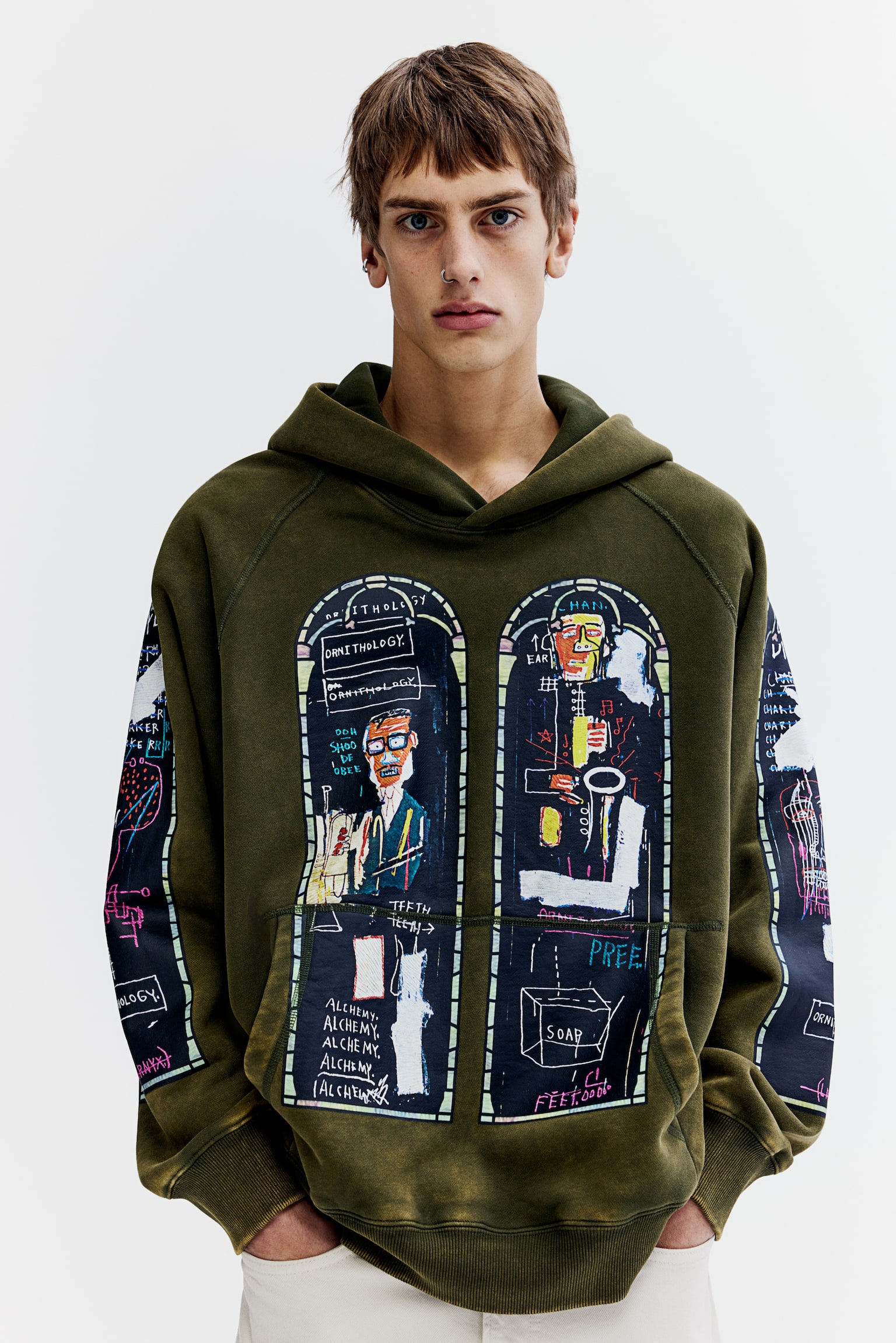 Oversized Fit Cotton hoodie - Khaki green/Basquiat - 5