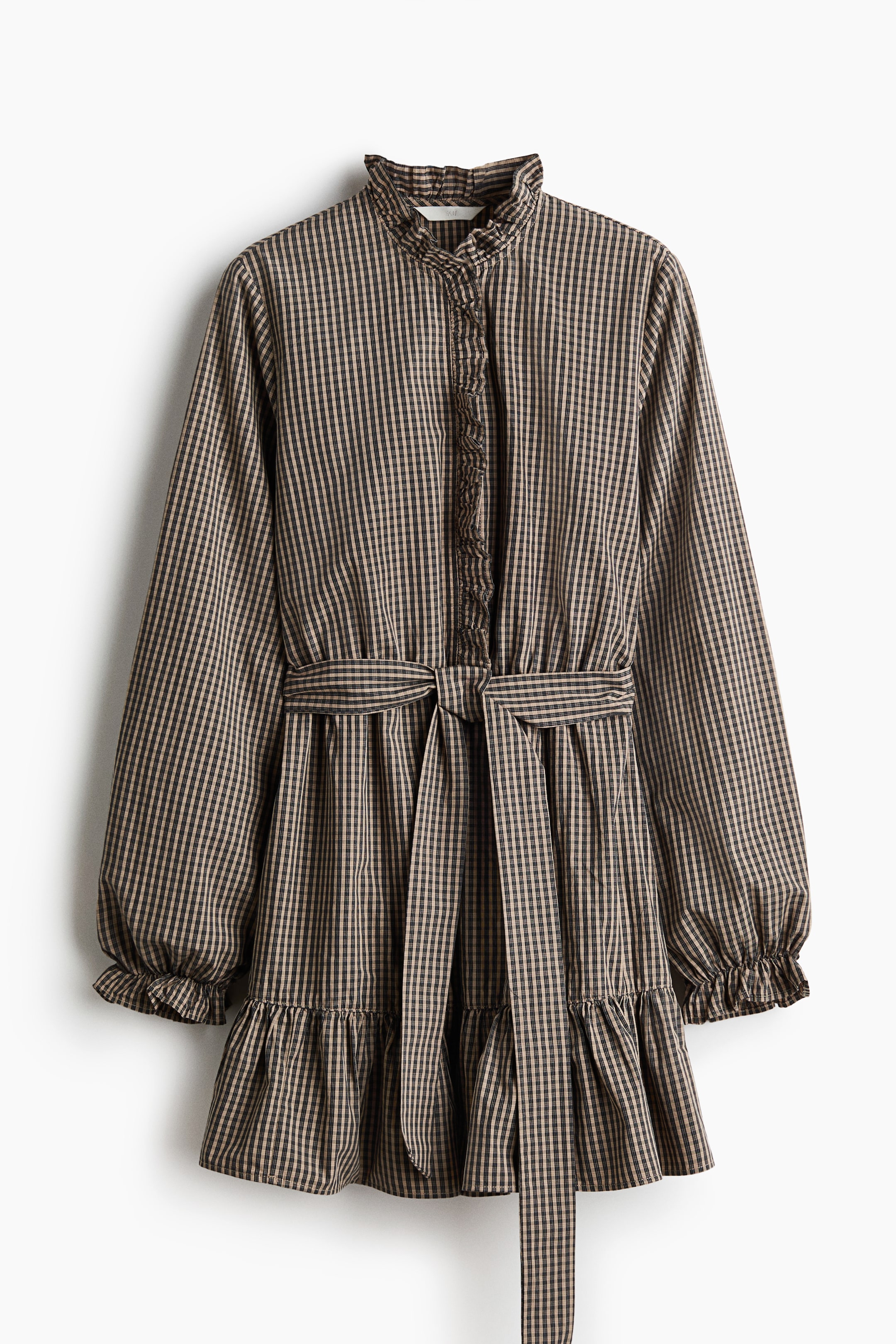 View larger image: Ruffled tie-belt dress - Light beige/Checked - Ladies | H&M 1