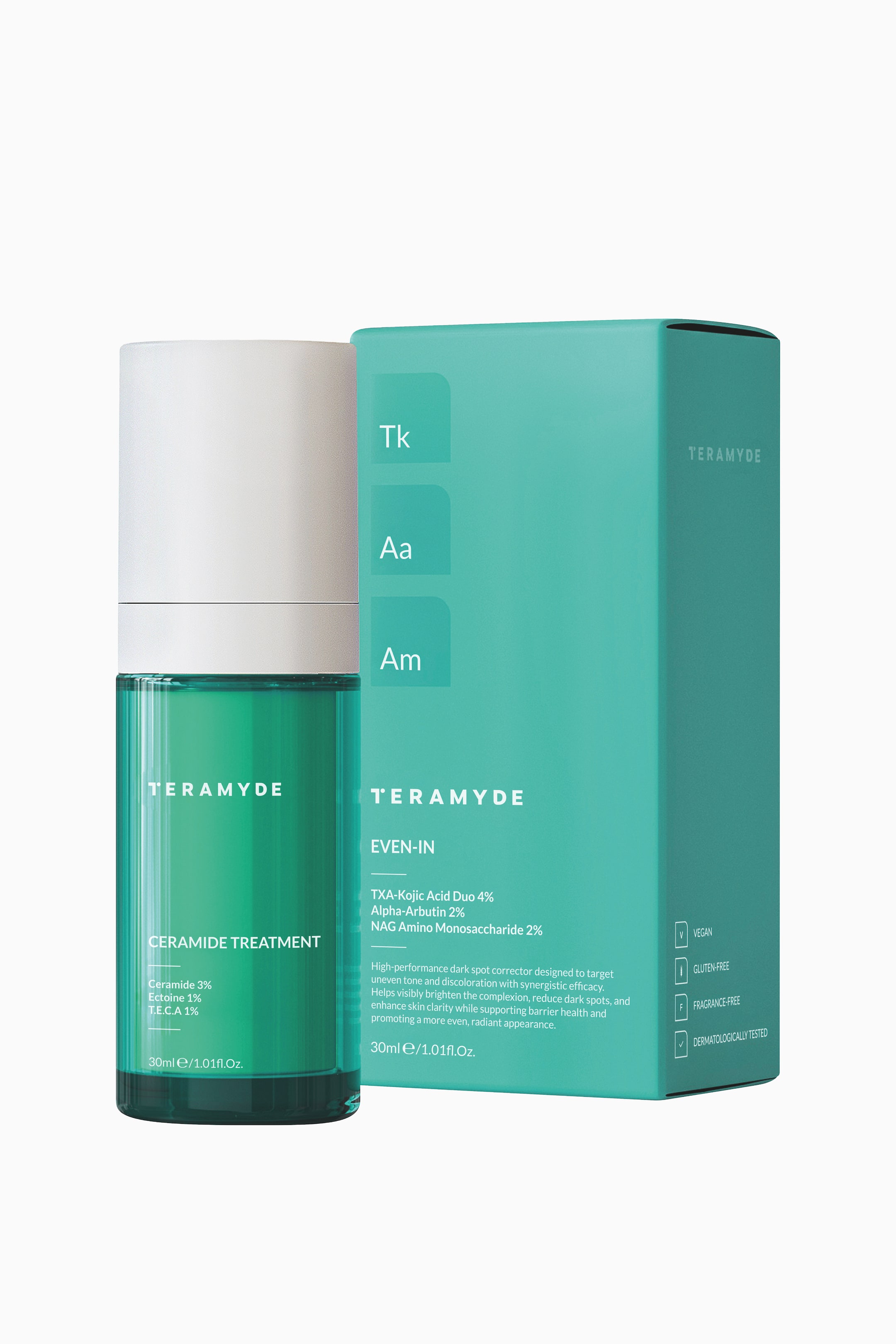 Se større billede: Teramyde Even-in Ceramide Treatment står oprejst og fremviser en cylindrisk, gennemsigtig grøn glasflaske med en mat hvid hætte, placeret foran den lyse mintgrønne yderæske. Den rektangulære æske er vinklet en smule mod højre og viser hvid produkttekst, ingrediensoplysninger og certificeringsikoner på for- og sidepanelerne.