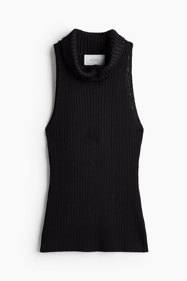 Rib-knit polo-neck top - Black/Cream - 1