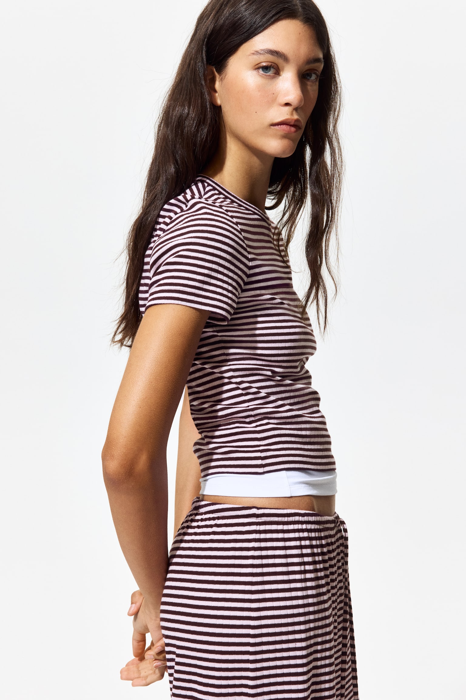 Ribbed T-Shirt - Dark plum purple/striped/Navy blue/striped/White/dark brown striped - 2