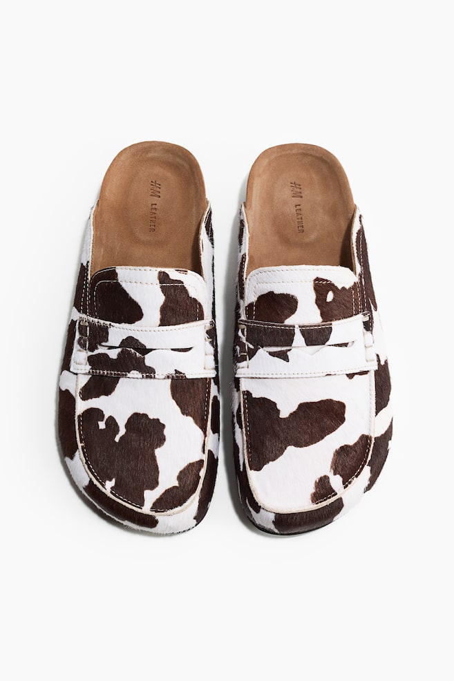 Mules mocassins en cuir - Blanc/imprimé peau de vache/Marron - 1