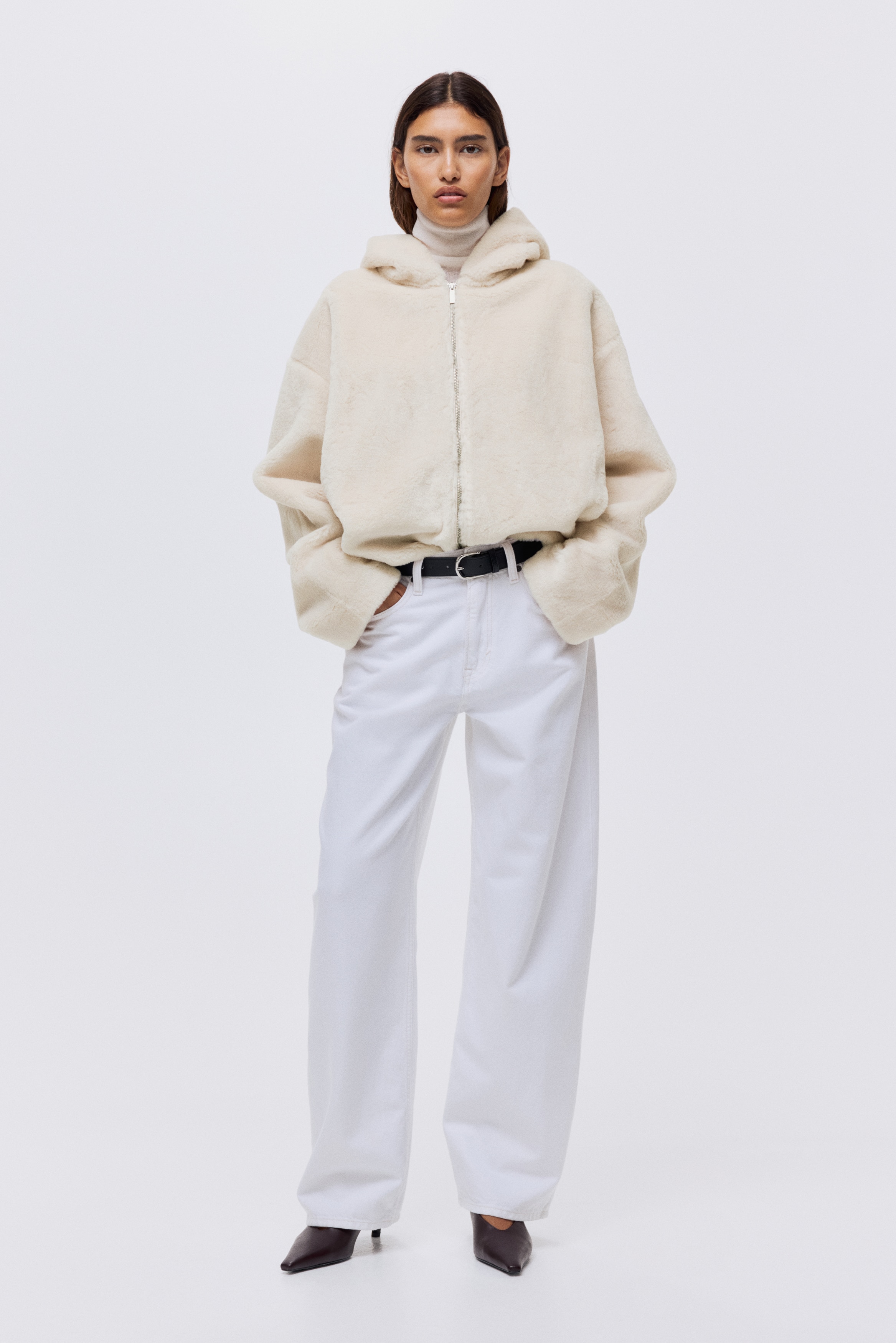 H & M - フルジップフーデッドトップス - ベージュ