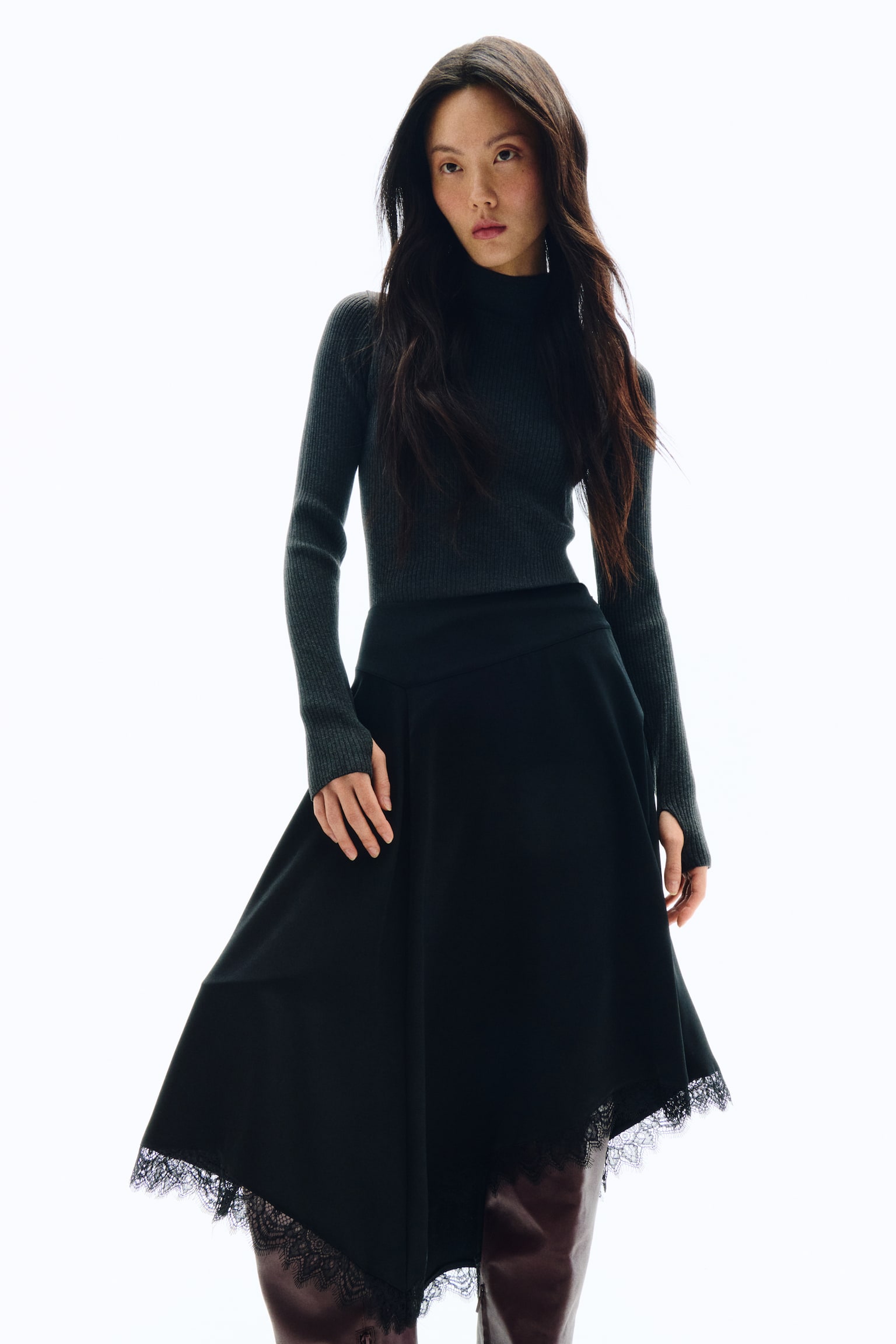 リブハイネックトップス - ダークグレーメランジ/バーガンディ - 4