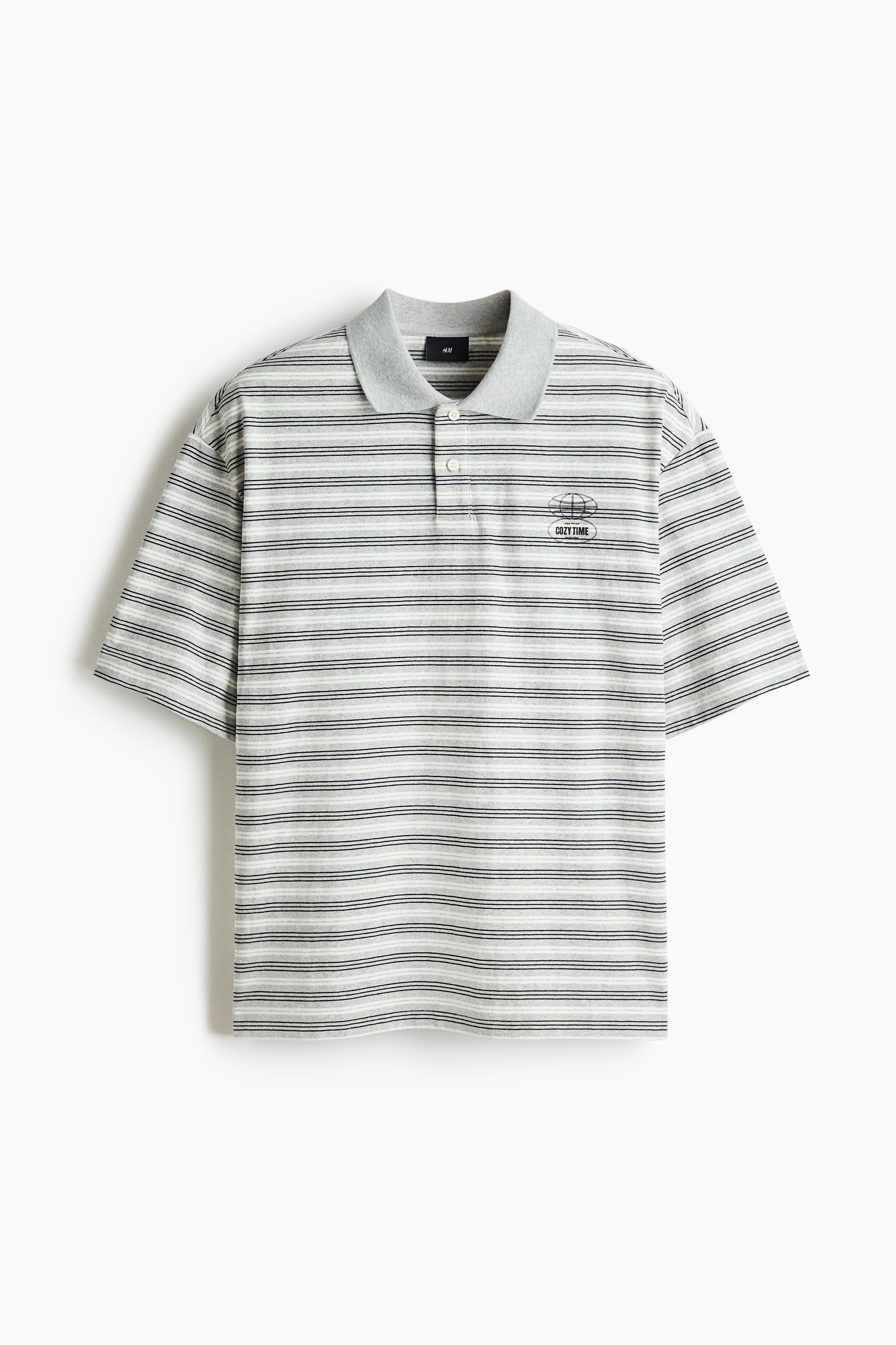 Loose Fit Cotton polo shirt - Light grey marl/Striped/Black/Striped