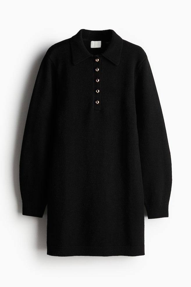 Fine-Knit Dress with Collar - Black/Gray melange - 1
