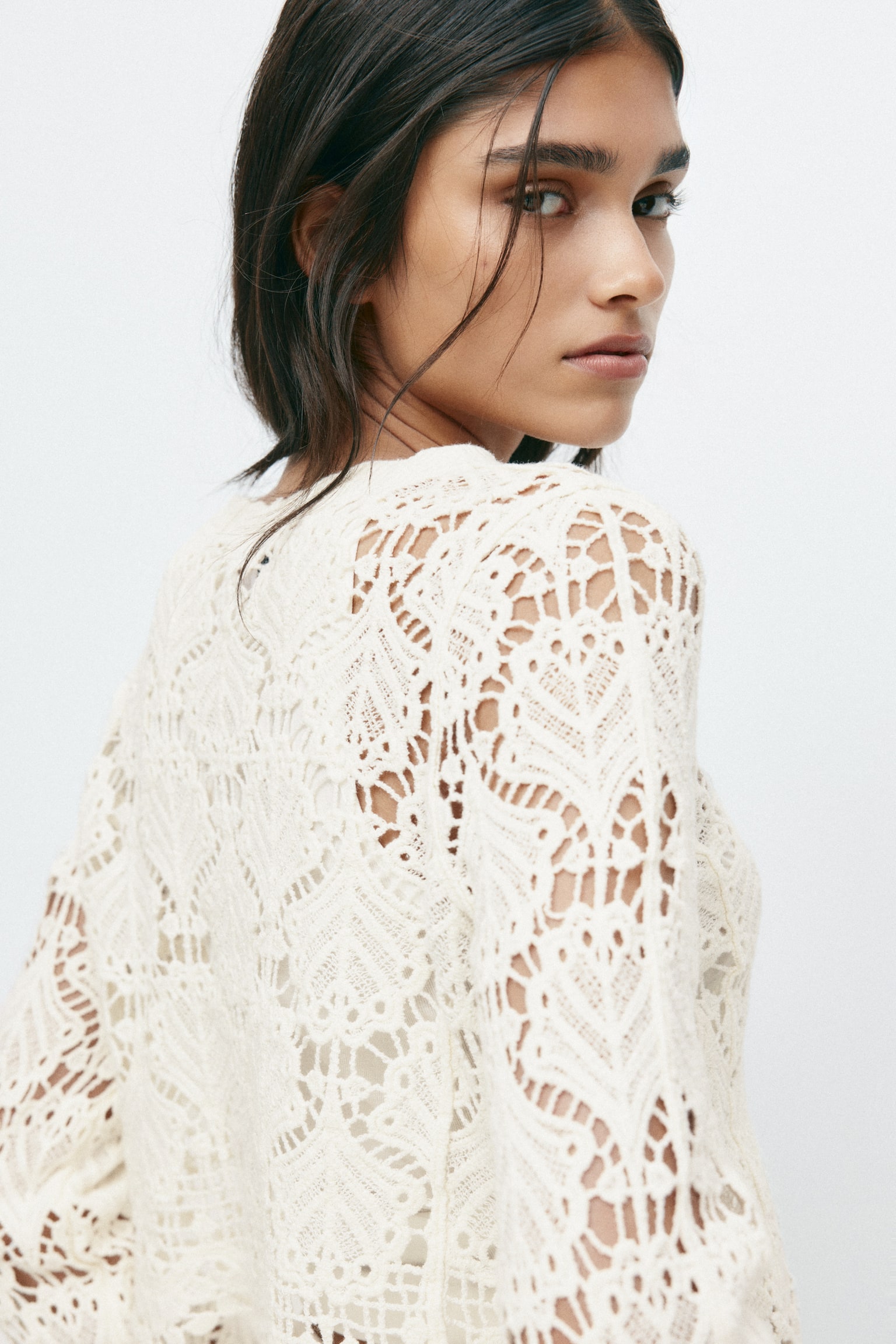 Crochet-look cotton cardigan - Light beige - 4