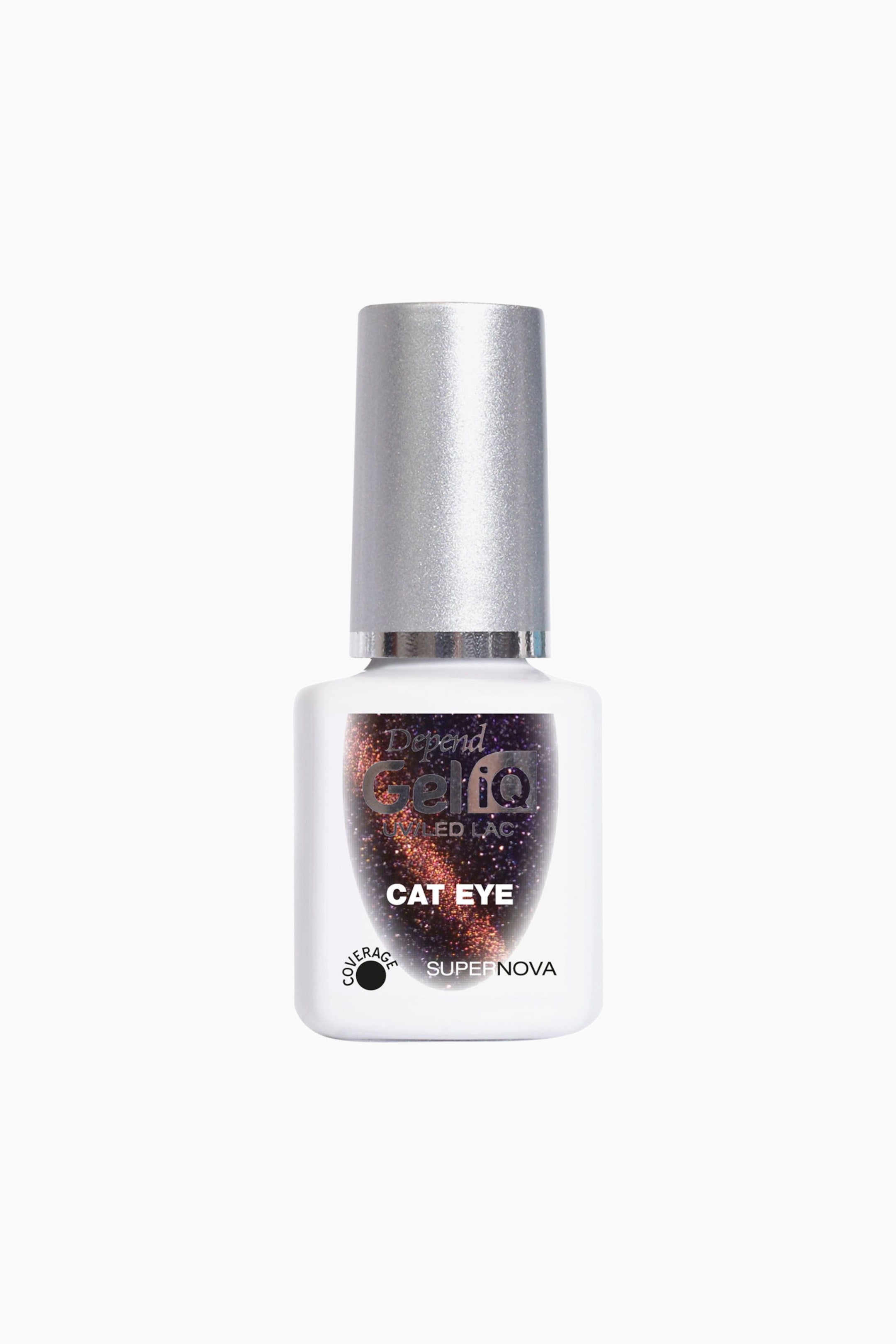Visa större bild: En flaska Depend Gel iQ-nagellack står upprätt och vänd framåt. Den har ett silvrigt lock och en genomskinlig flaska, fylld med skimrande mörklila och orange 'Cat Eye'-nagellack, och är märkt 'Supernova' på framsidan.