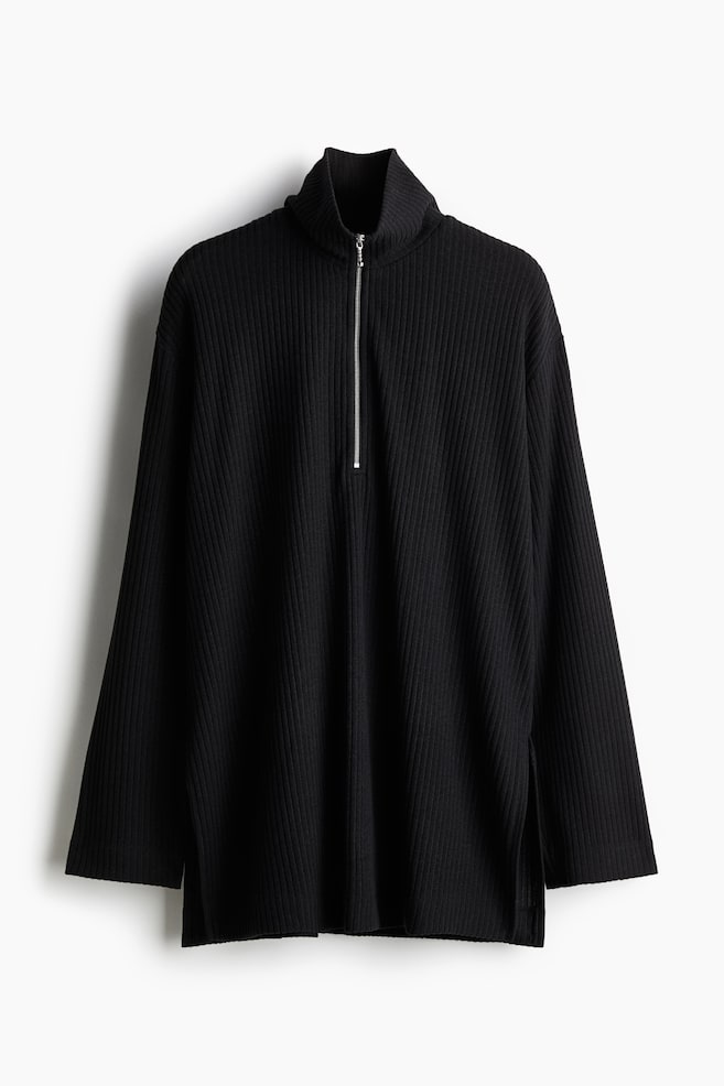 Ribbed zip-top top - Black/Grey marl - 1