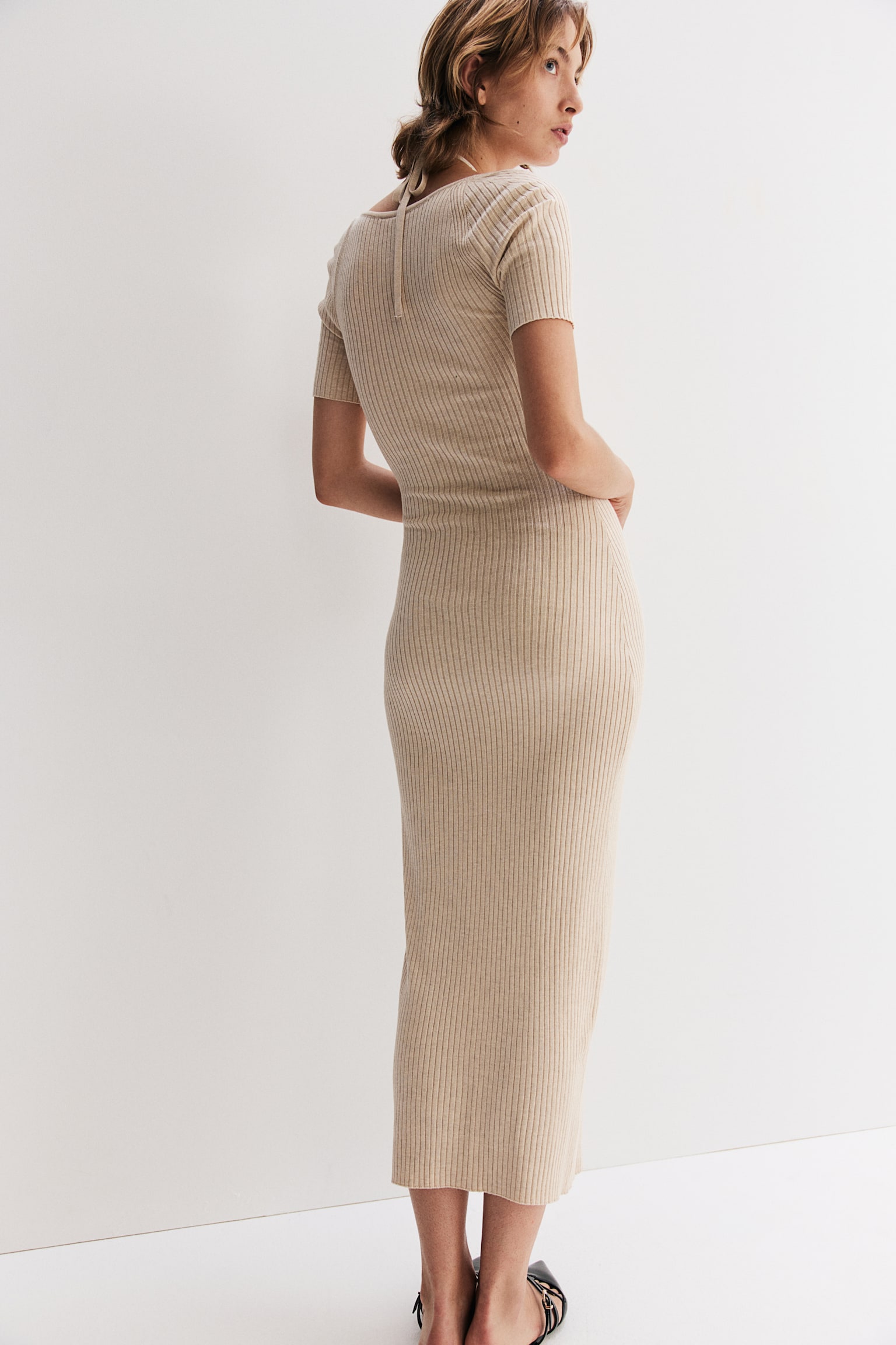 Rib-knit tie-detail dress - Light beige marl/Dark brown marl - 4