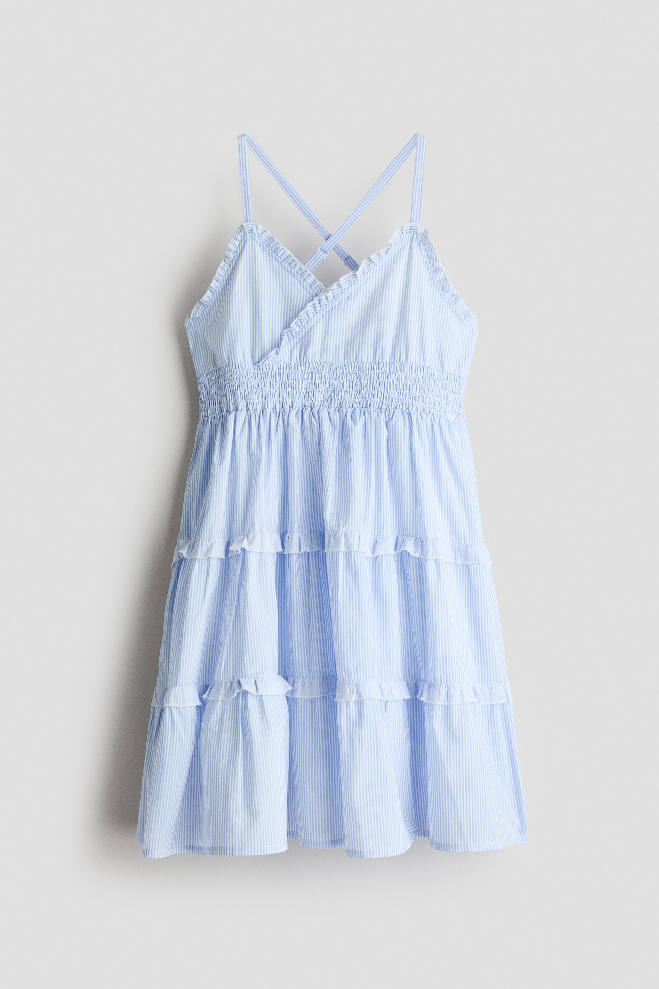 View larger image: This light blue and white striped dress showcases a V-neckline adorned with a ruffled edge and delicate, crisscrossing shoulder straps. It boasts a shirred waistband and a tiered skirt accentuated by ruffled seams.