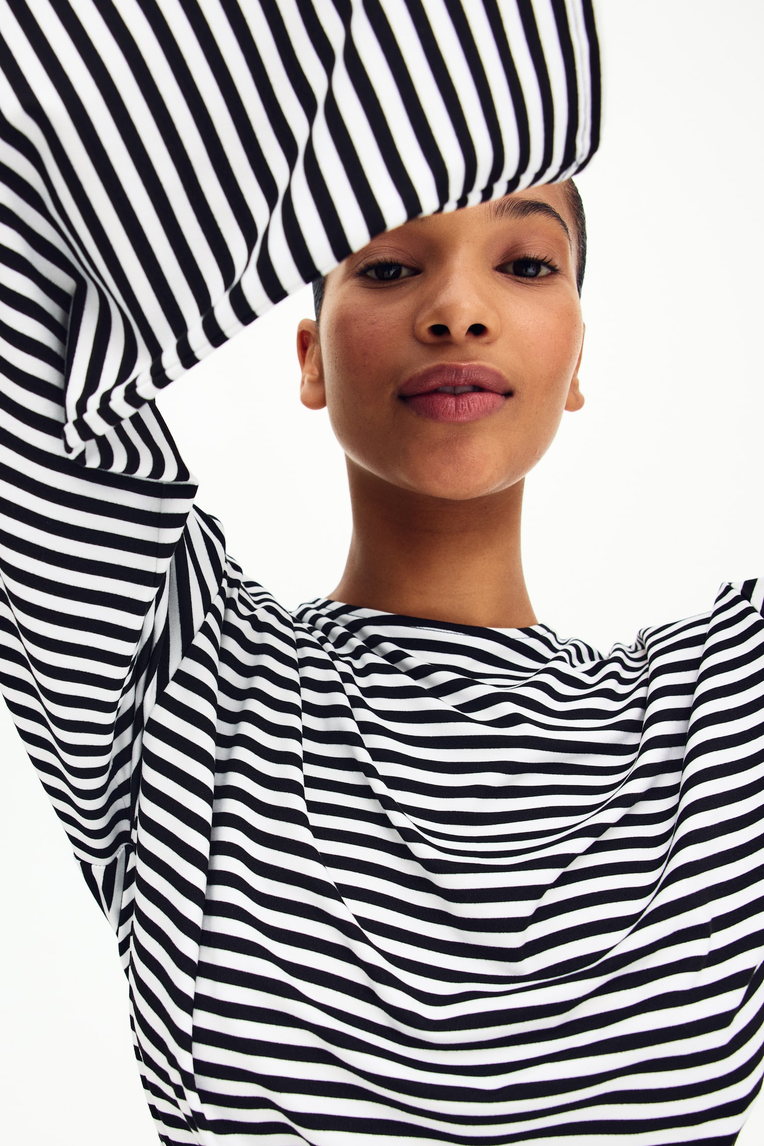 Gathered jersey top - White/Striped/Dark grey - 2