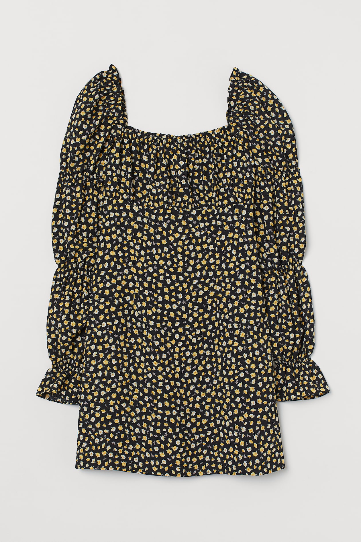 Short dress - Square neckline - Long sleeve - Black/Yellow floral ...