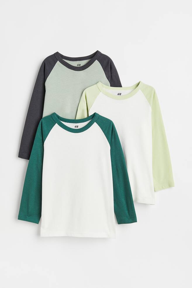 3-pack cotton jersey tops - White/Green/Dark grey/Block-coloured - 1