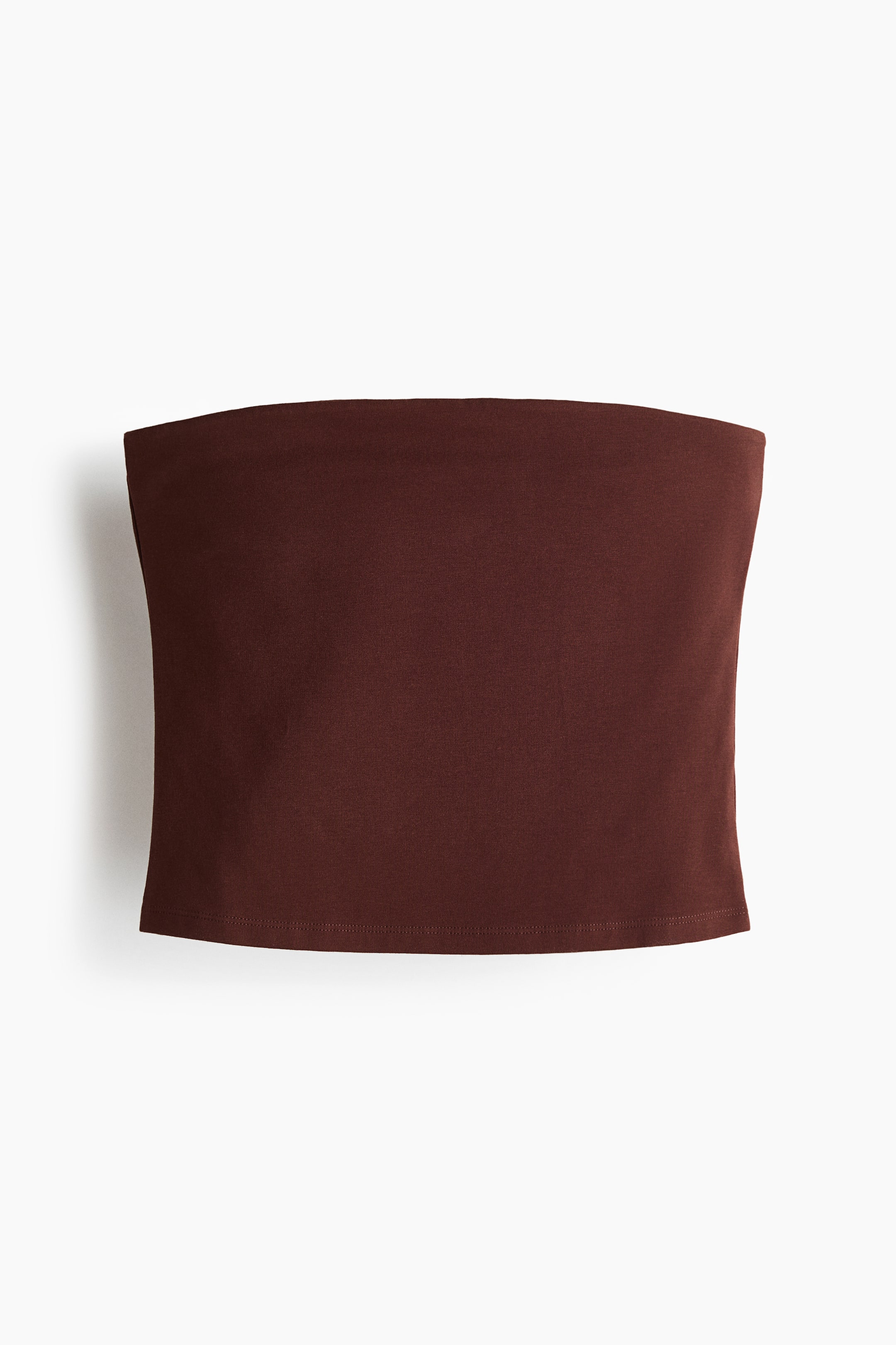 View larger image: "A dark brown bandeau top is showcased from the front, boasting a strapless design and a sleek, fitted silhouette."