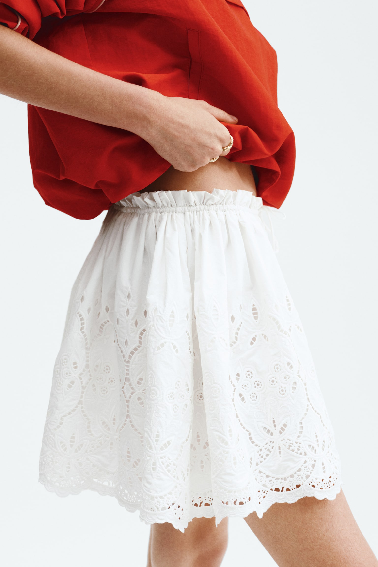 Broderie-anglaise drawstring skirt - White - 5
