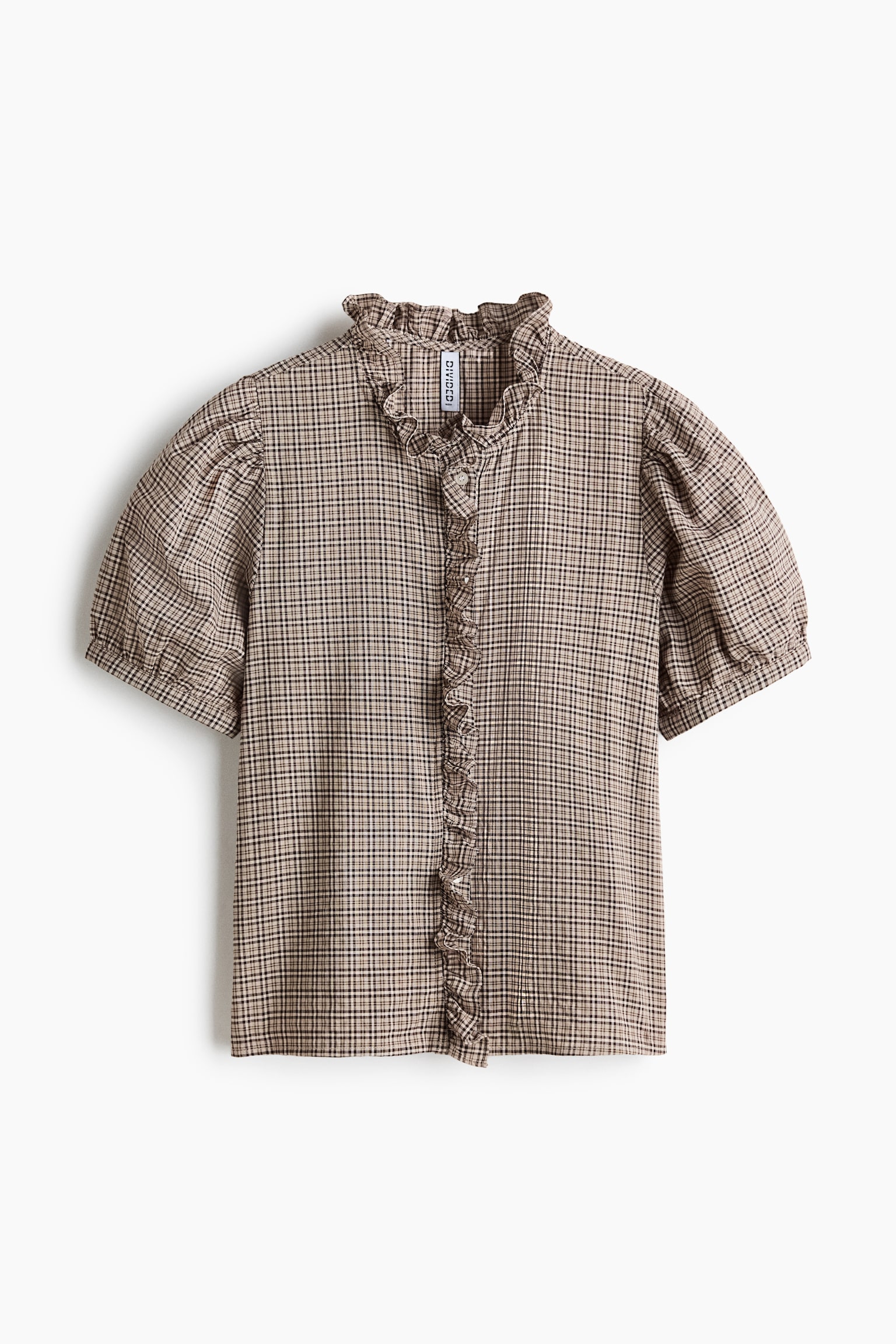 Katoenen blouse met volants - Lichttaupe/geruit/Wit