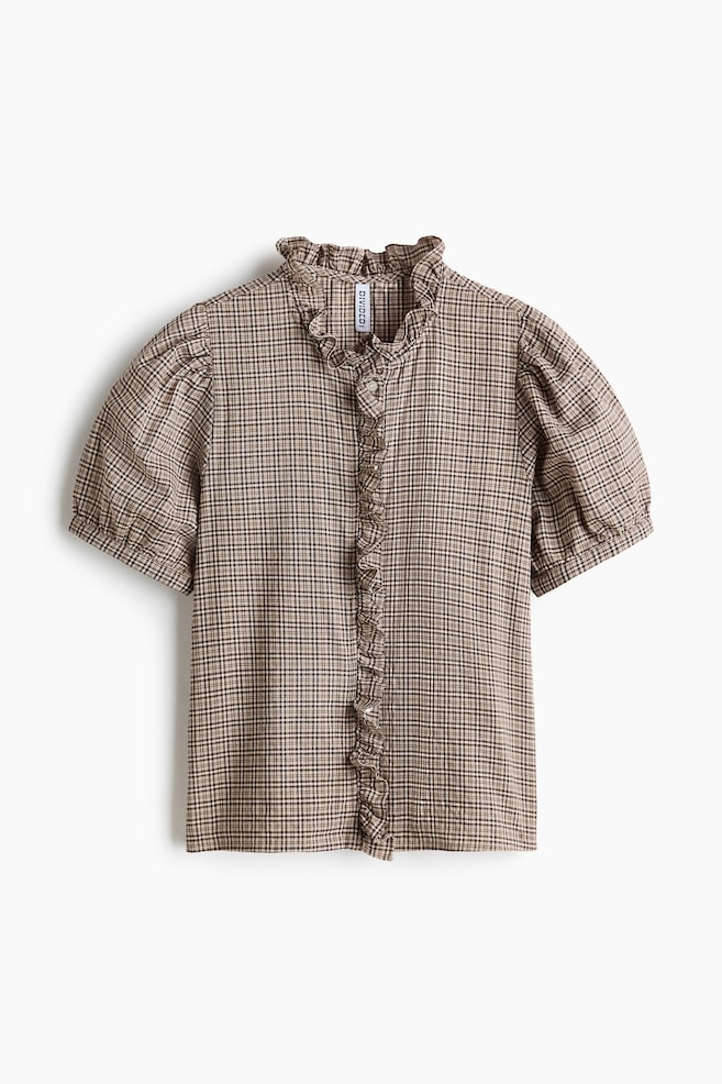 Ruffle-Trimmed Cotton Blouse - Light taupe/checked/White - 1