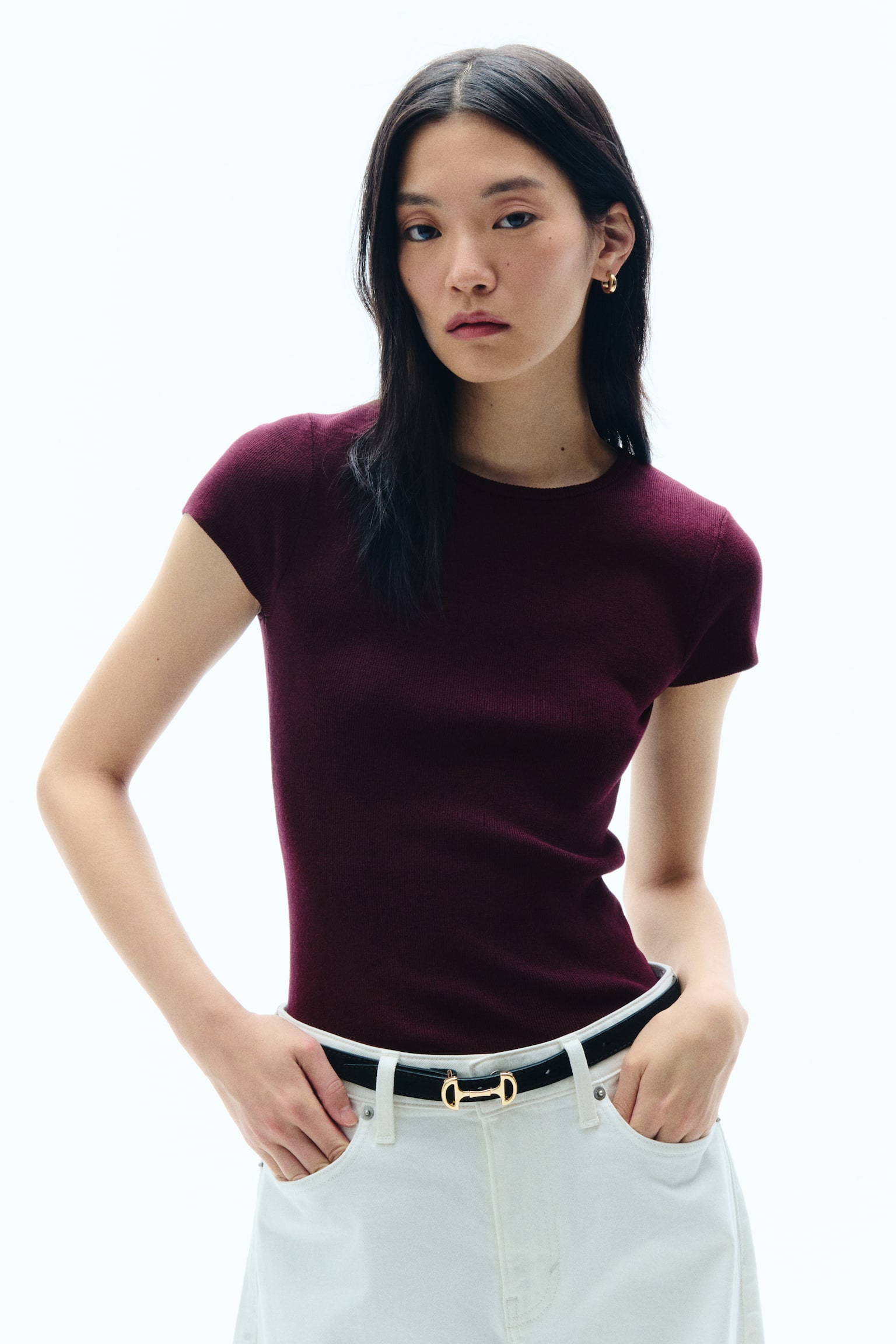 Fine-knit T-shirt - Burgundy/Red - 2