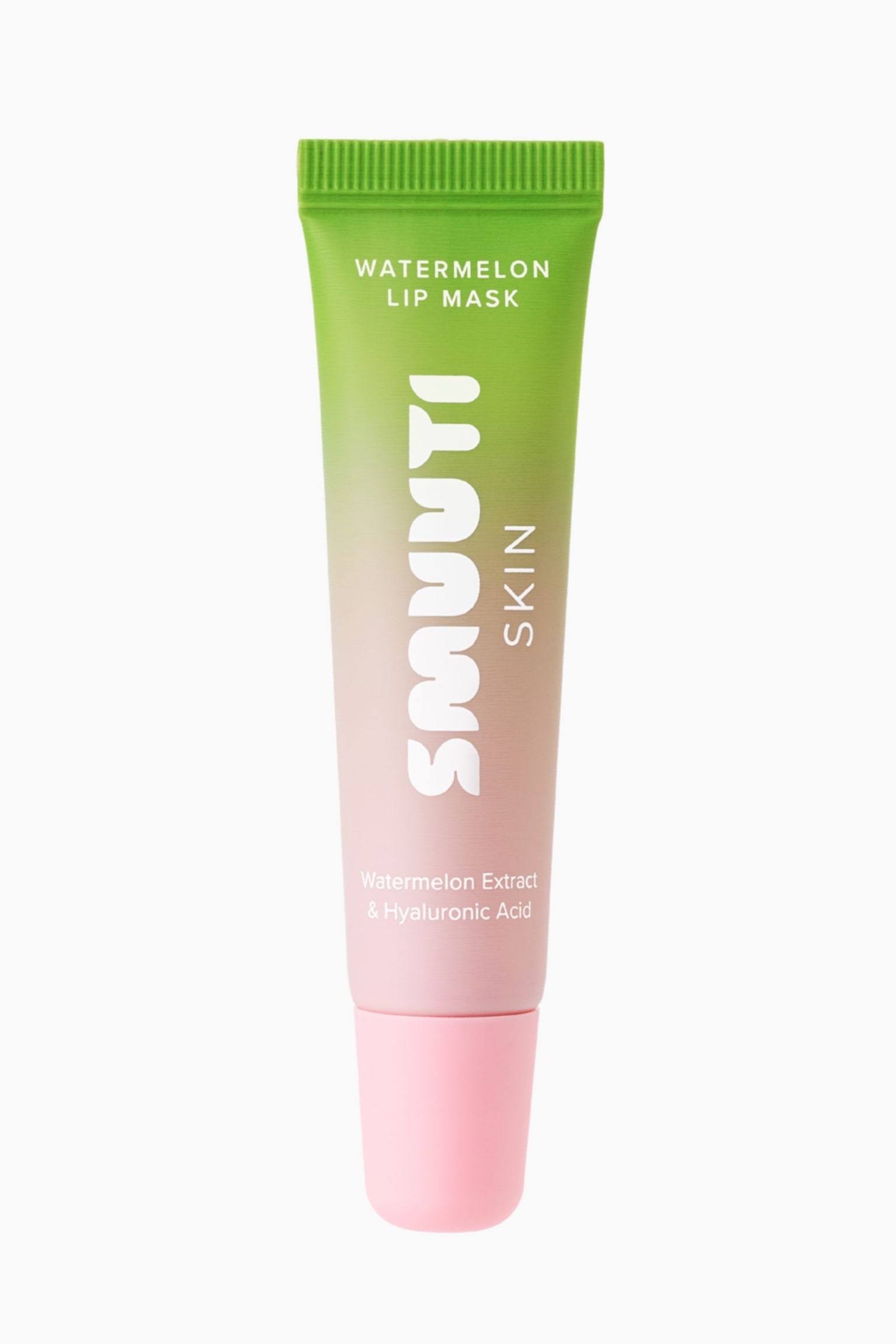 En tub med Smuuti Skin Watermelon Lip Mask stÃ¥r upprÃ¤tt och visar en fÃ¤rggradient som Ã¶vergÃ¥r frÃ¥n livfullt grÃ¶nt vid den veckade toppen till mjukt rosa vid basen och korken. PÃ¥ tubens framsida visas varumÃ¤rkesnamnet âSMUUTI SKINâ i fet vit text, tillsammans med produktbeskrivningarna âWatermelon Lip Maskâ och âWatermelon Extract & Hyaluronic Acidâ. - 1