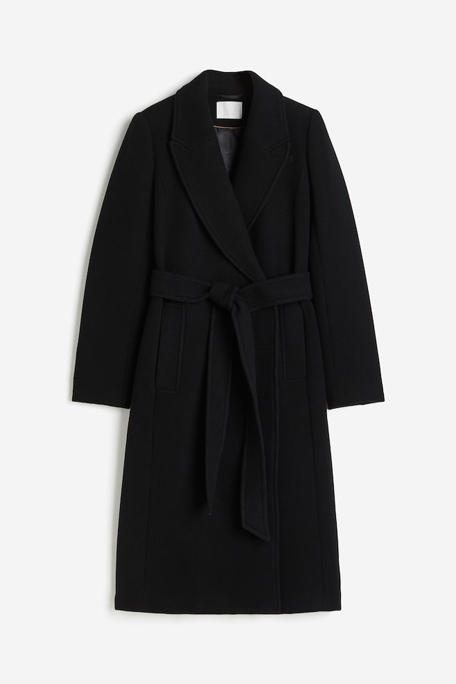 Wool-blend tie-belt coat - Black/Dark beige - 1