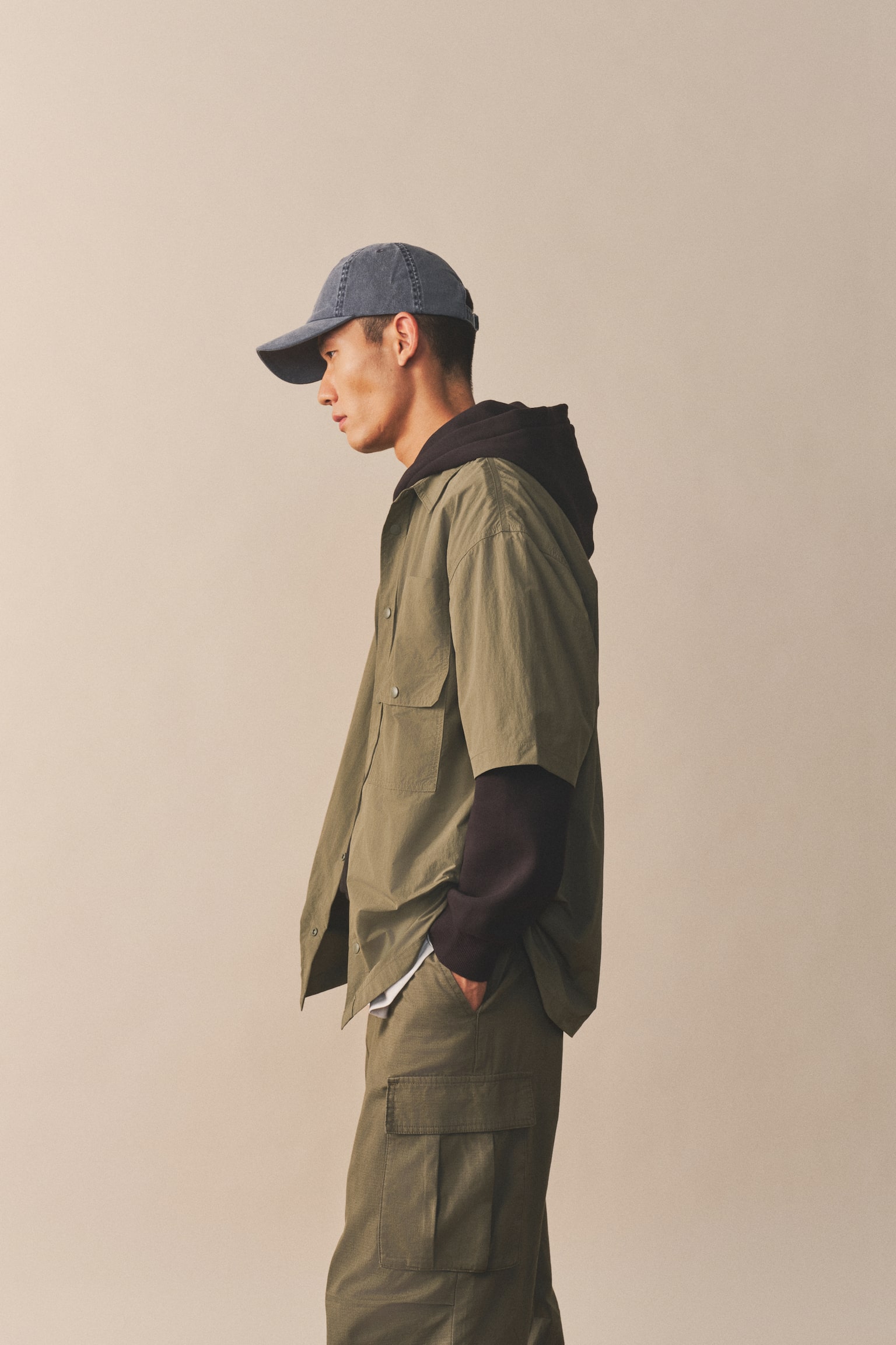 Loose Fit Short-sleeved utility shirt - Green/Beige - 5