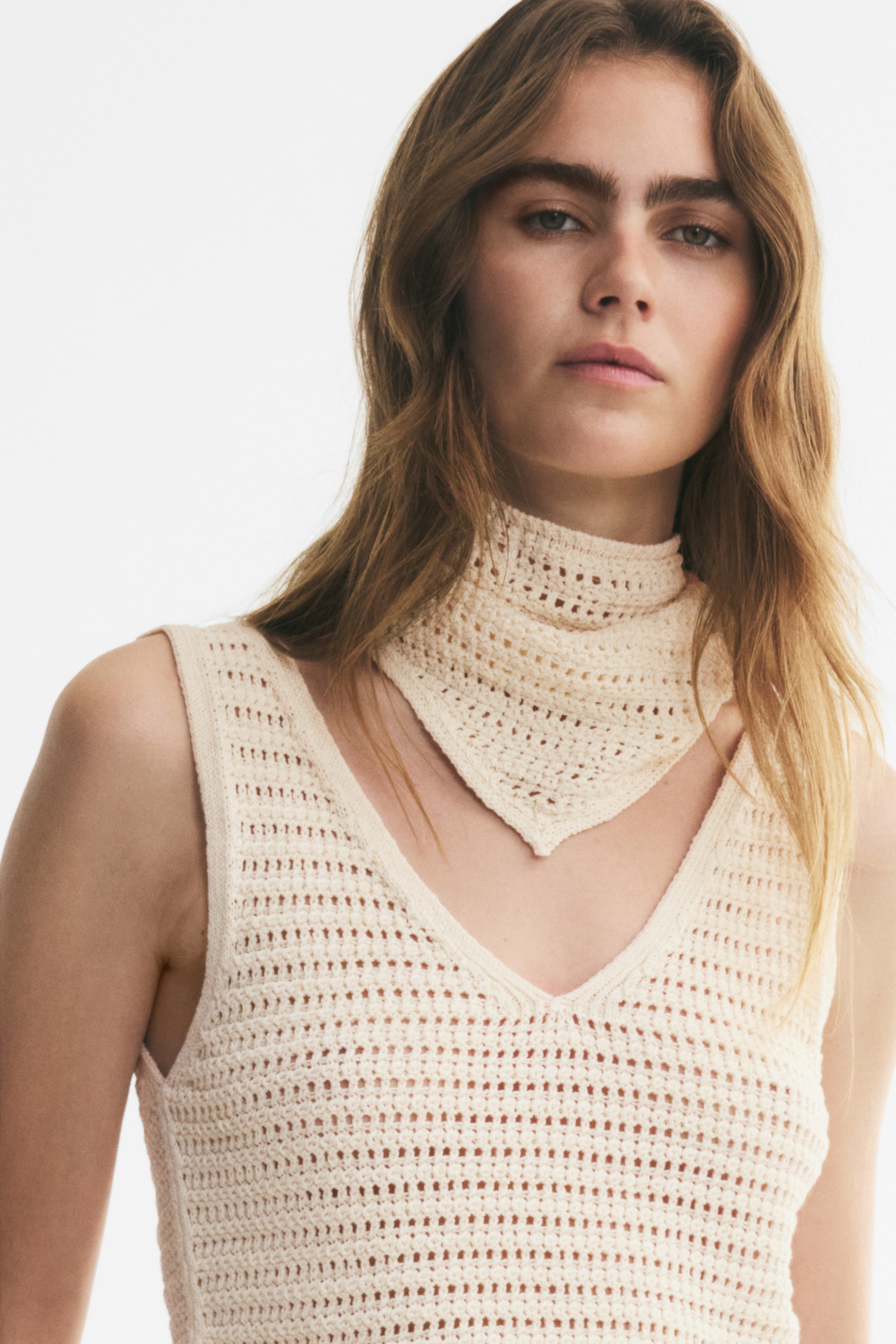 Pointelle-Knit Top with Scarf