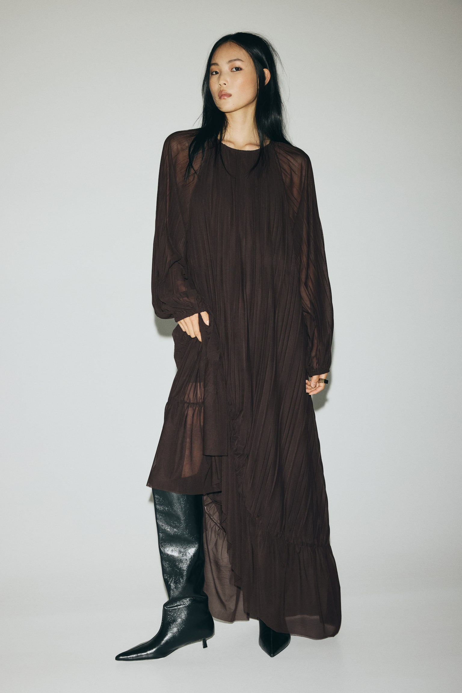 Pleated maxi dress - Dark brown/Light pink/Patterned/Burgundy - 1