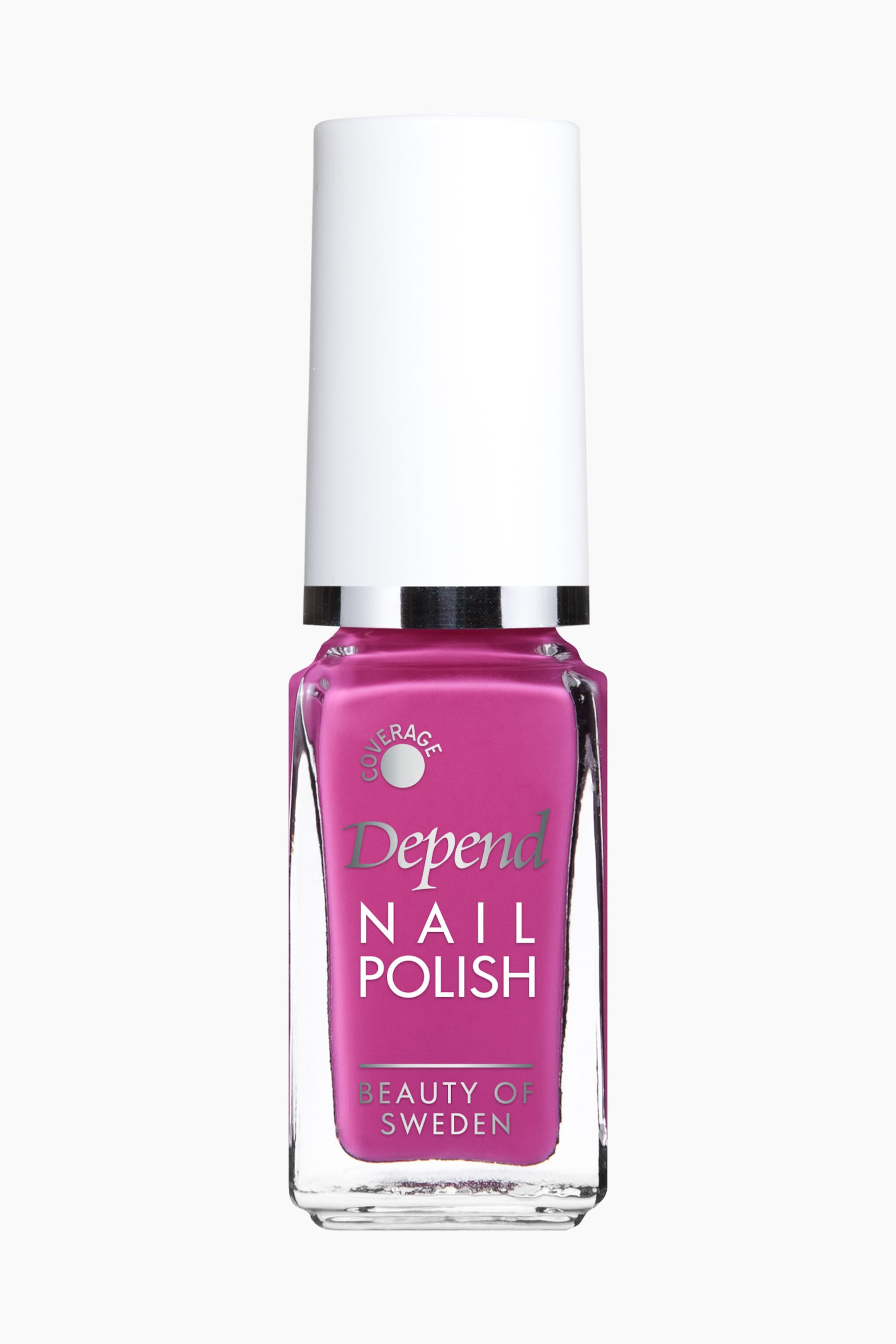 Visa större bild: En nagellacksflaska står upprätt, vänd rakt framåt. Den har en klar, rektangulär flaska fylld med livfullt rosa nagellack, toppad med en vit cylindrisk kork med ett silverband, och visar "Depend Nail Polish," "Beauty of Sweden," samt en "Coverage"-logotyp i silverbokstäver.