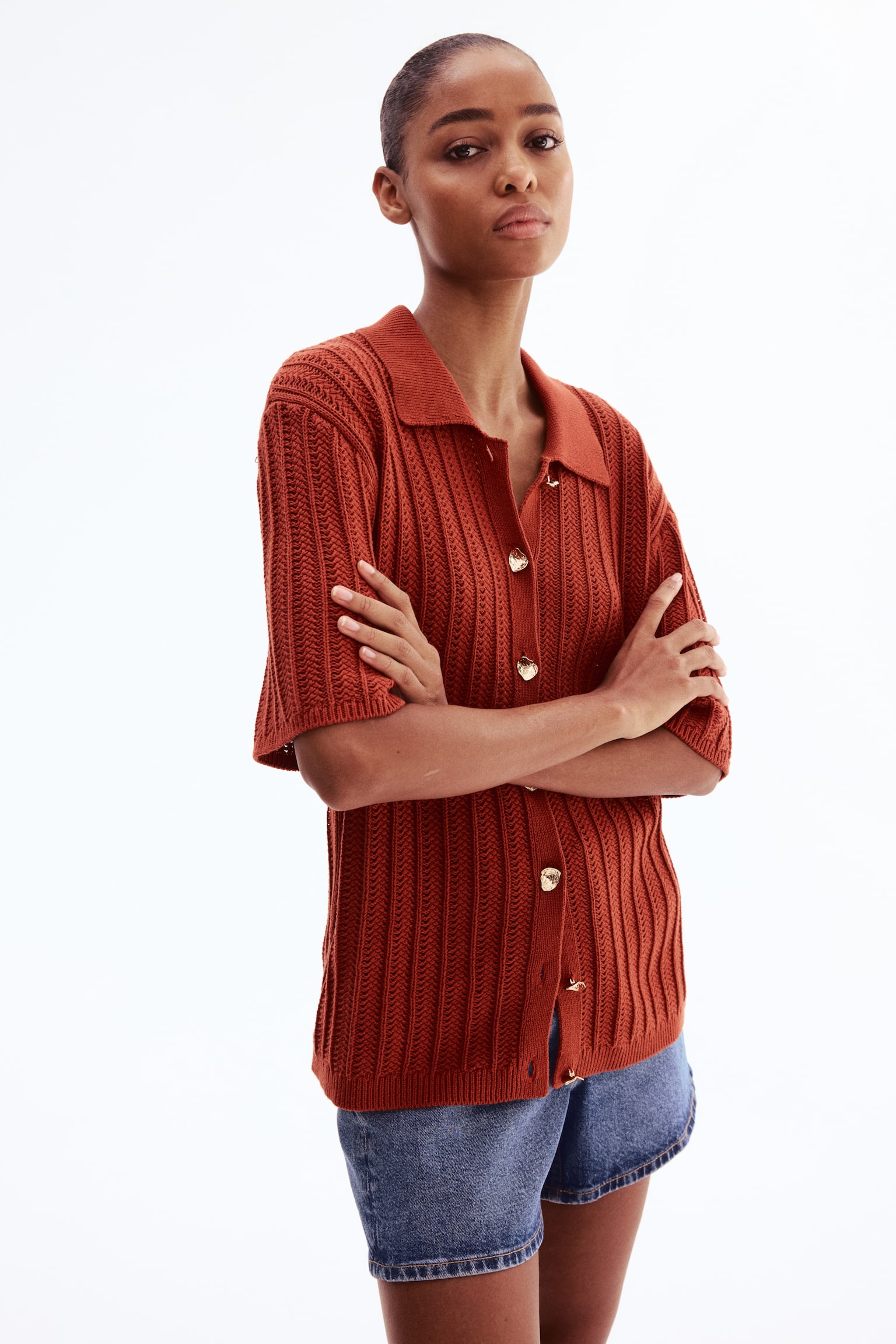 Cárdigan con apariencia de crochet - Anaranjado oscuro/Crema - 1