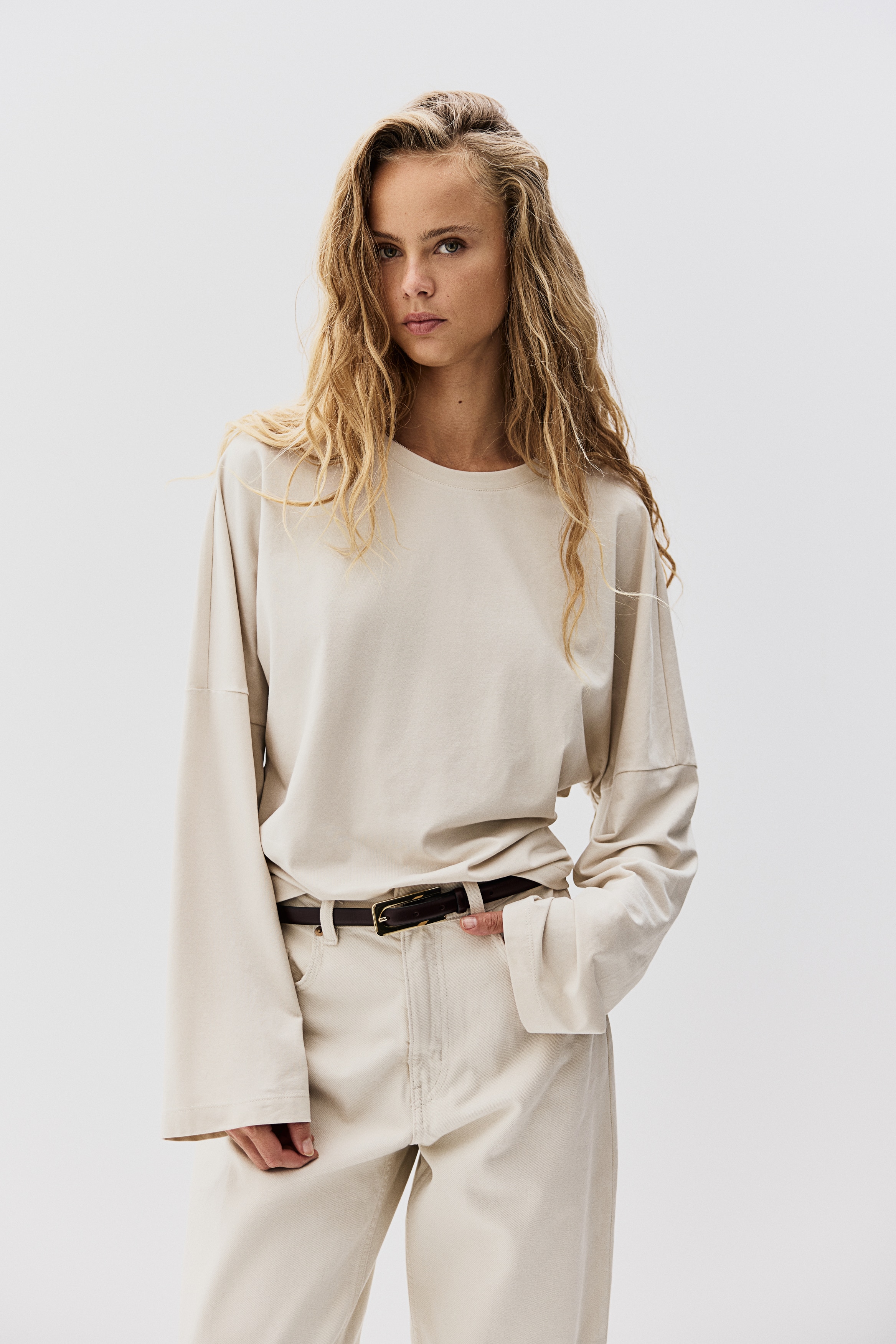 H & M - 長袖コットントップス - ベージュ