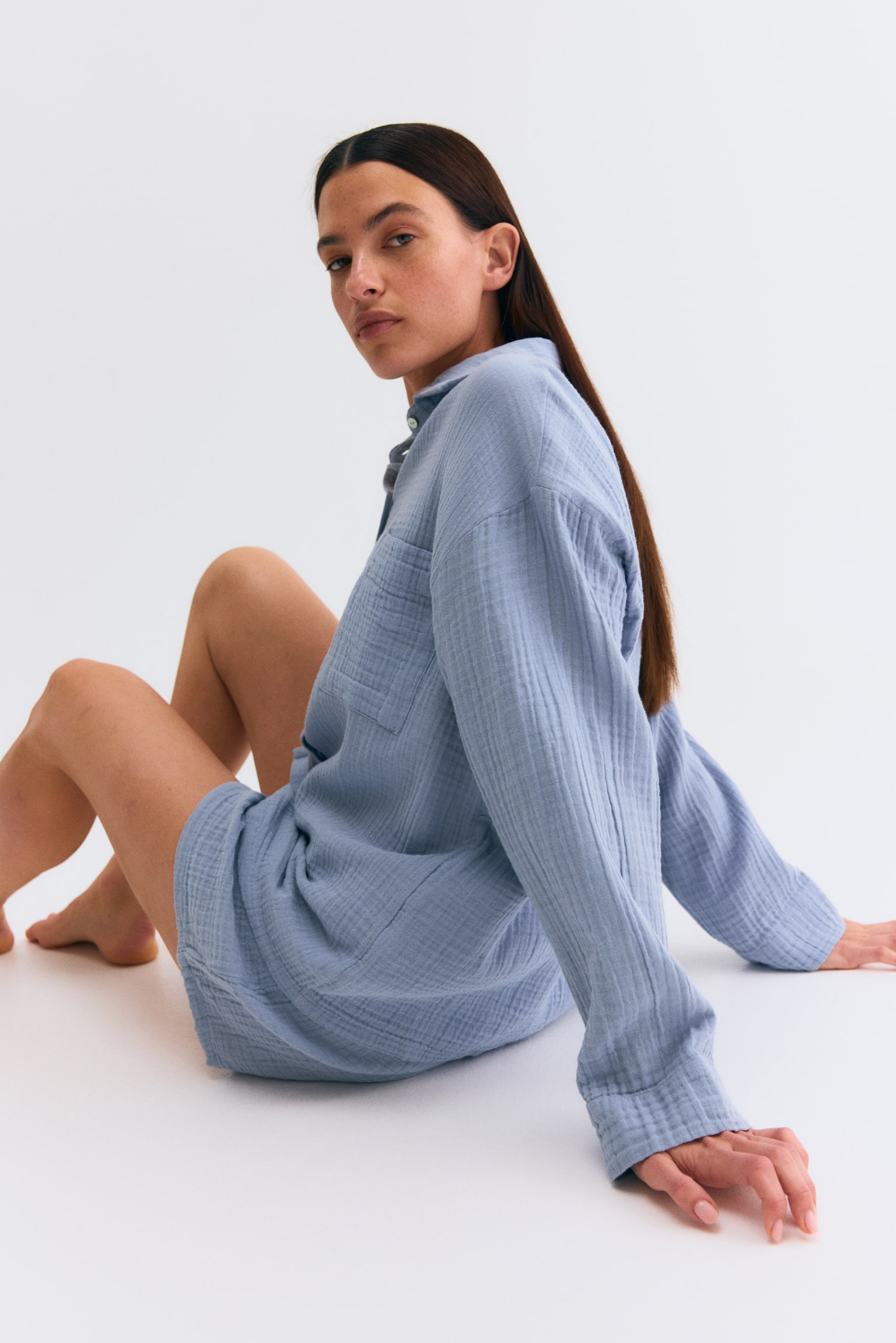 MAMA פיג'מת מוסלין Before & After - תכלת מאובק/ורוד פודרה - 7