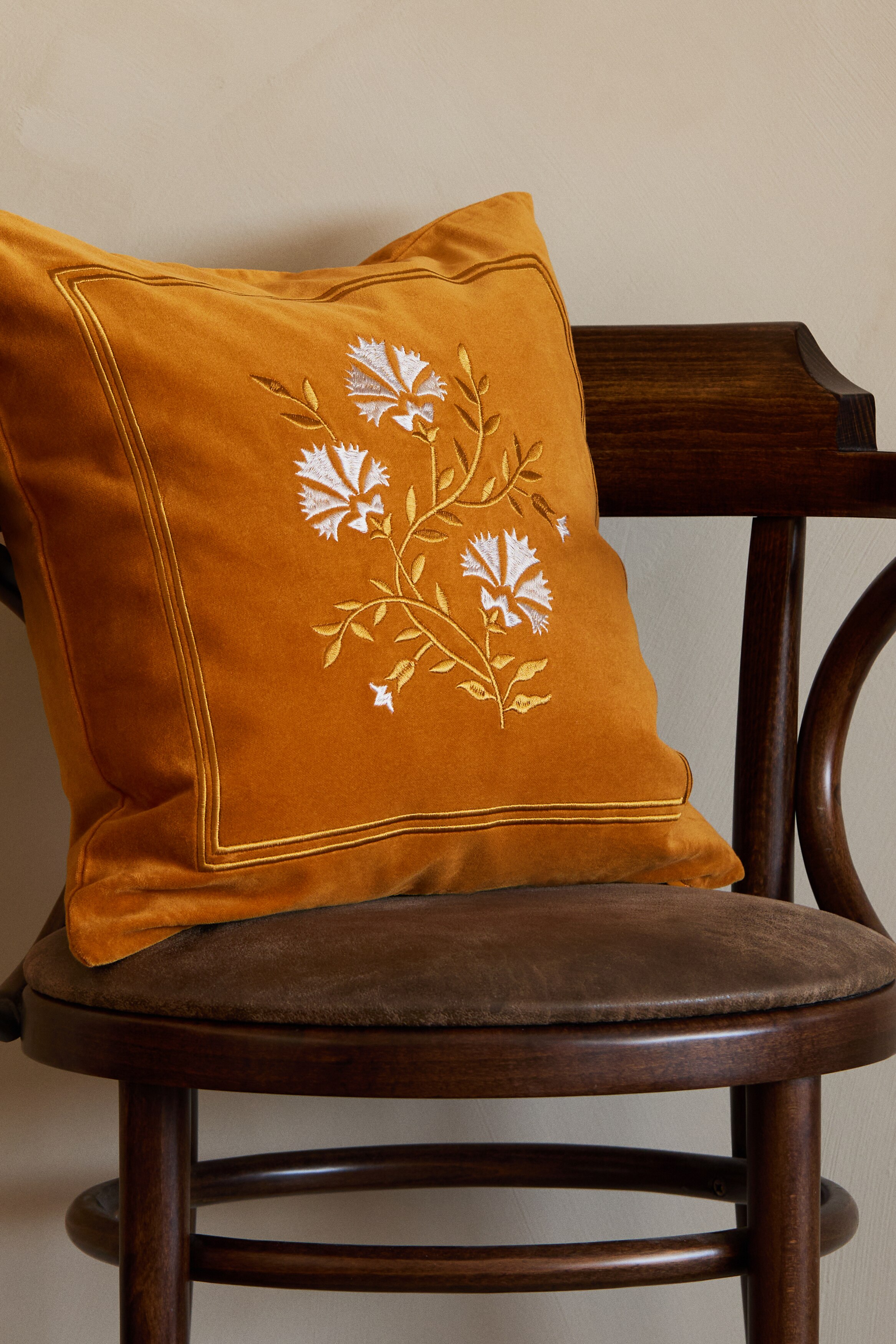 Embroidered cushion cover - Mustard yellow/Flowers