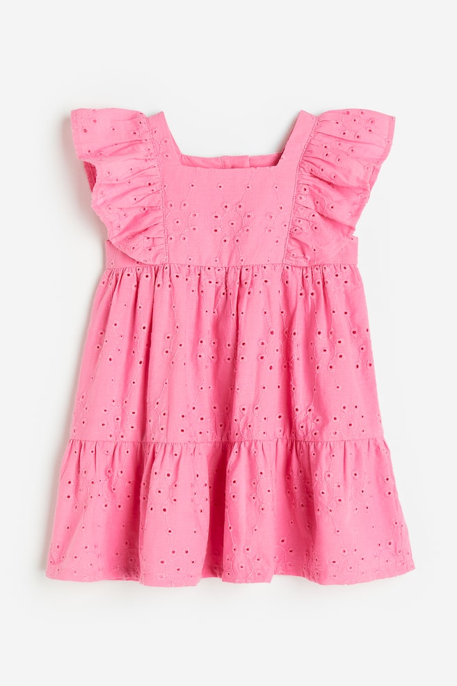 Flounce-trimmed broderie anglaise dress - Pink/Light yellow/White