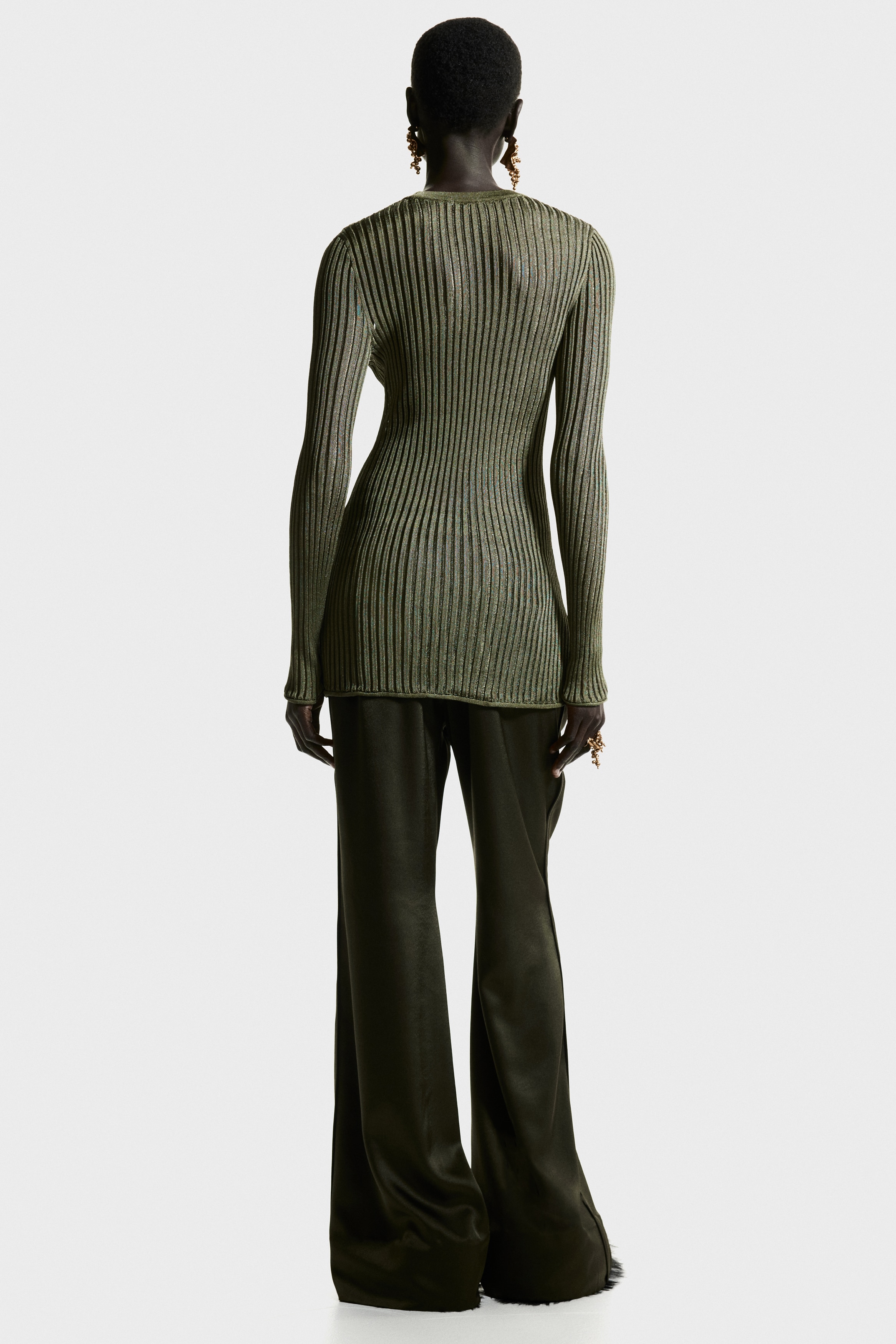 Sheer rib-knit top - Dark khaki green - Ladies | H&M IN