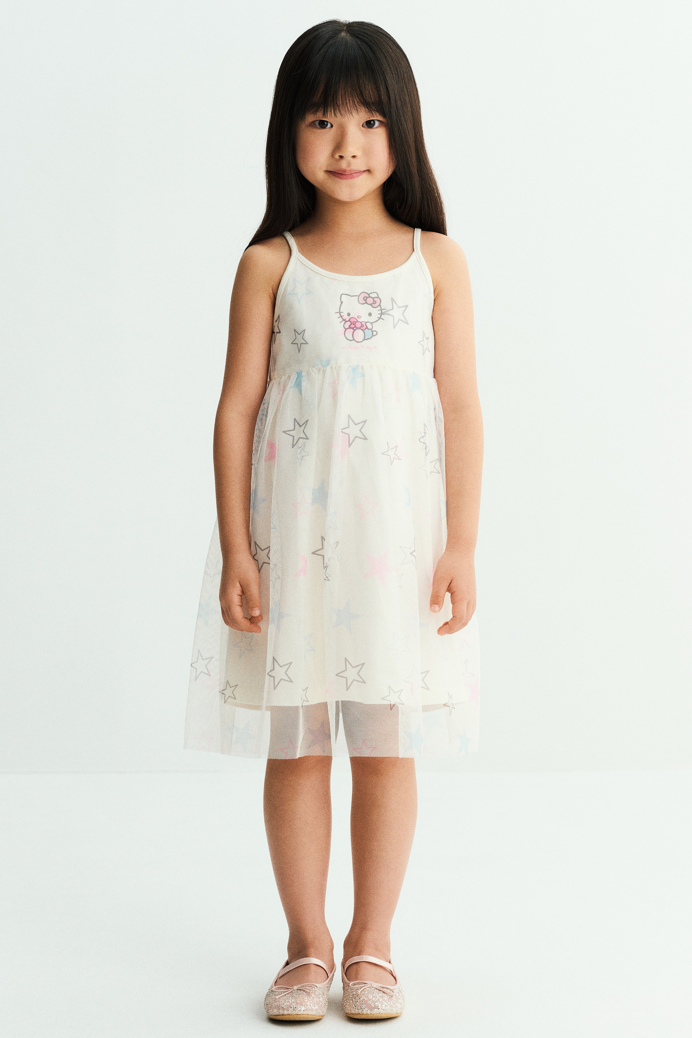 Print-motif tulle-skirt dress - White/Hello Kitty/Light blue/Cinnamoroll