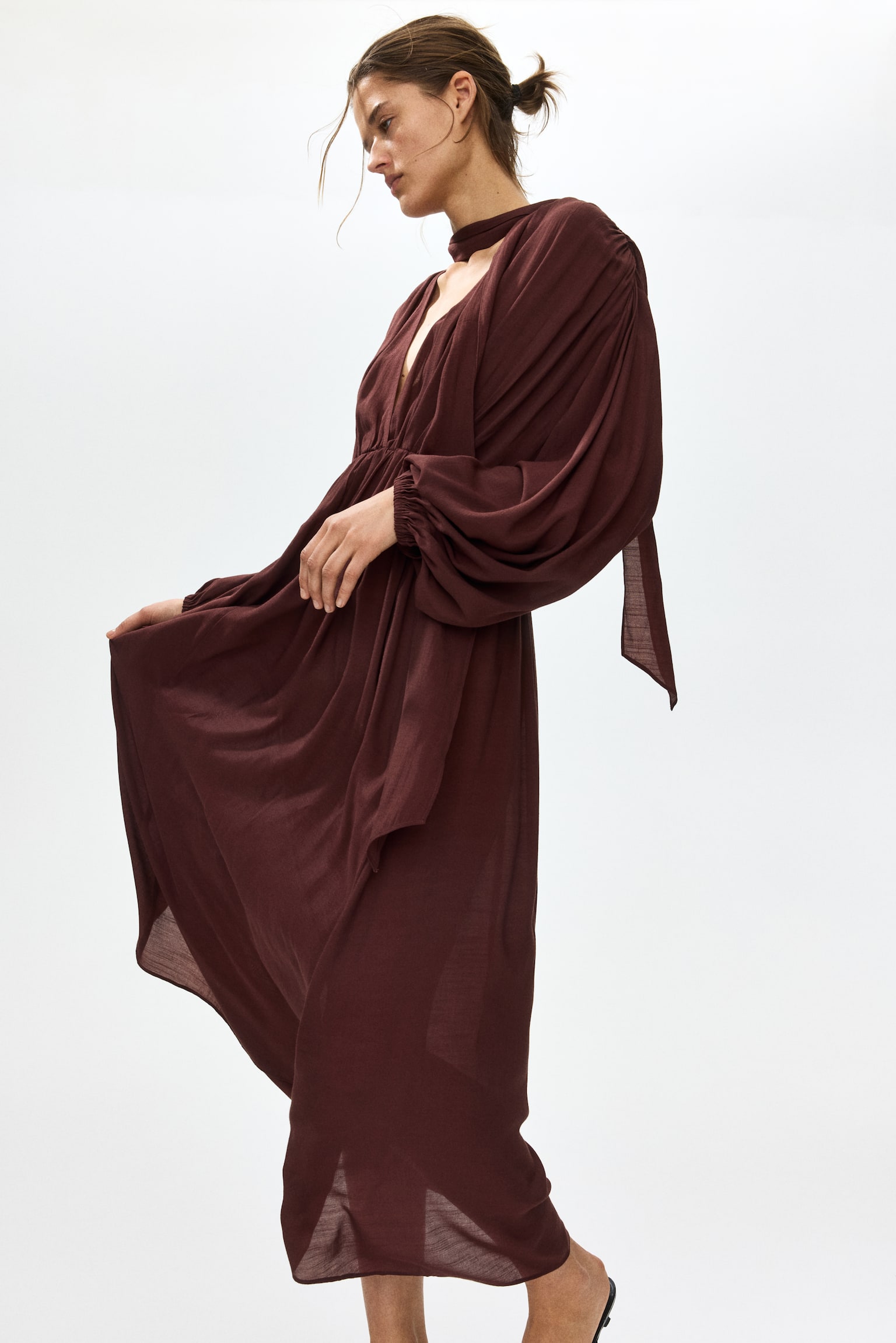 Scarf-Detail Balloon-Sleeved Dress-Burgundy - 6