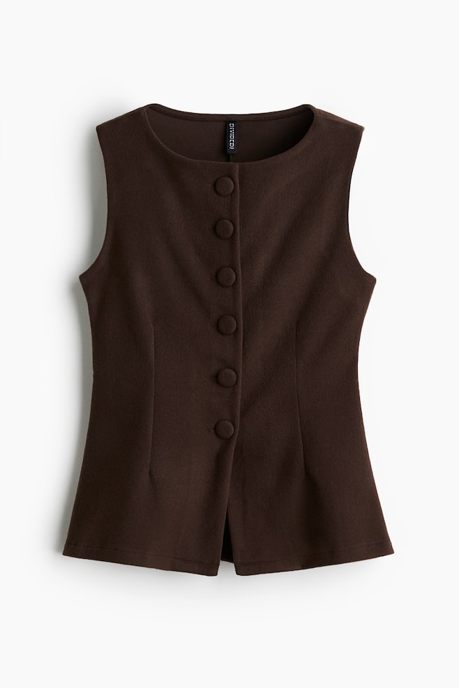 A dark brown sleeveless vest is presenting its front, featuring a round neckline and a central column of six round buttons. Vertical shaping seams are visible on the torso, and the hem is showing a subtle front split. - 1