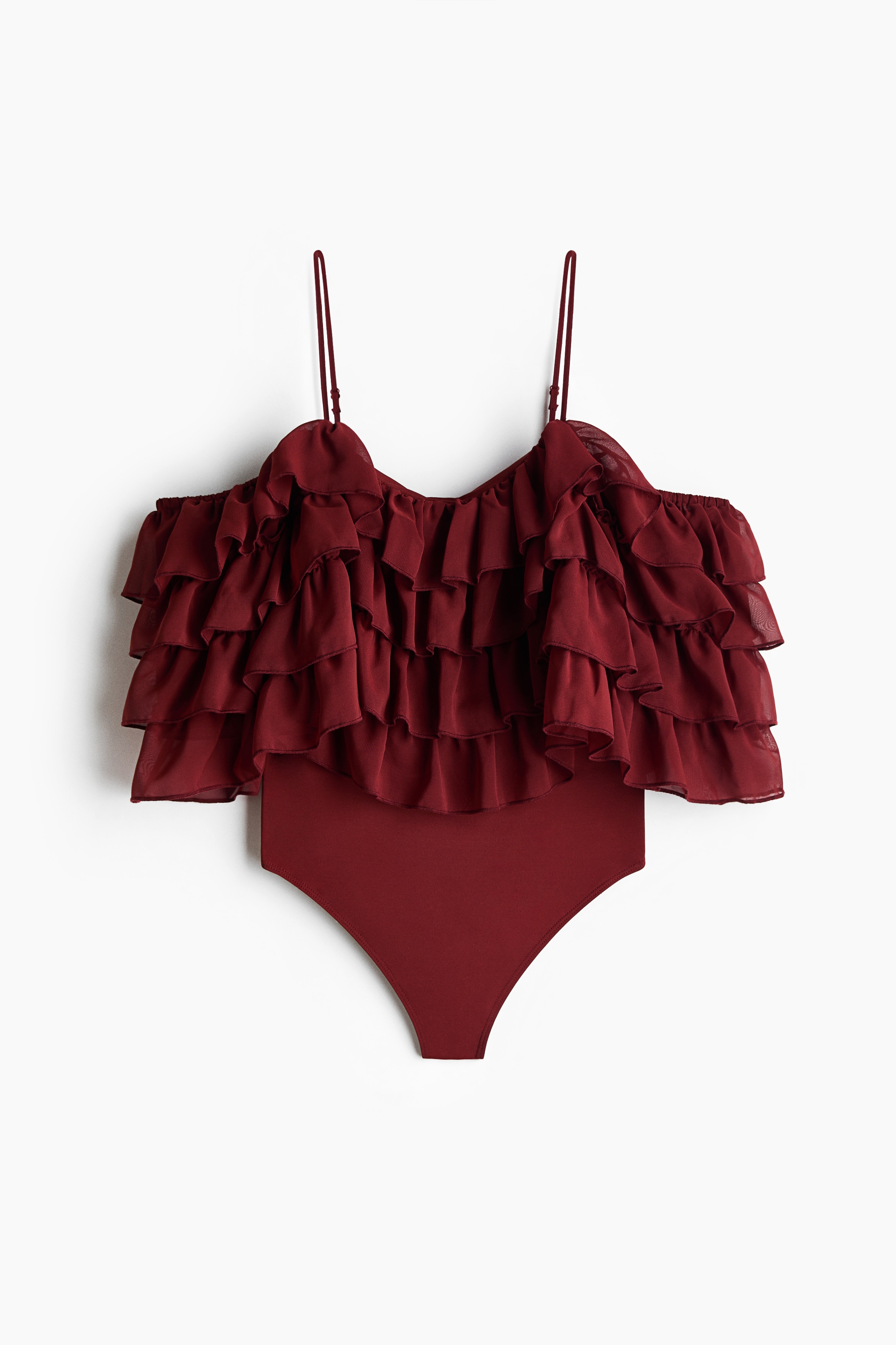Ruffled cold shoulder body - Dark red