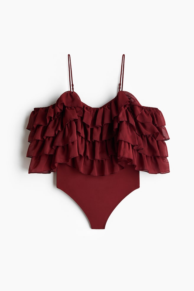 Ruffled Open-Shoulder Bodysuit - Dark red - 1