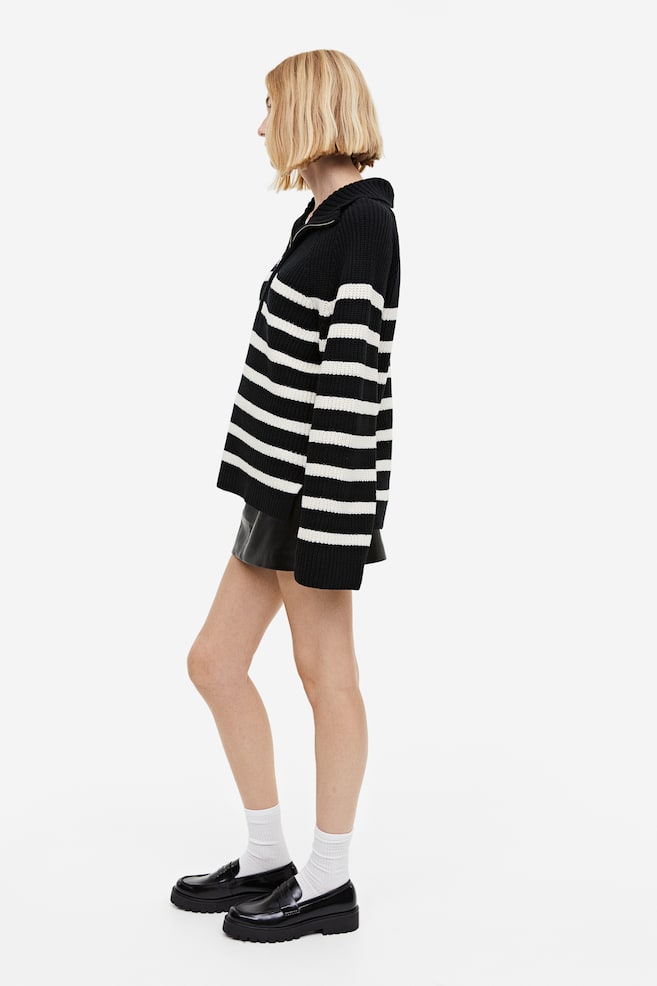 Rib-knit half-zip jumper - Black/Striped/Cream - 5