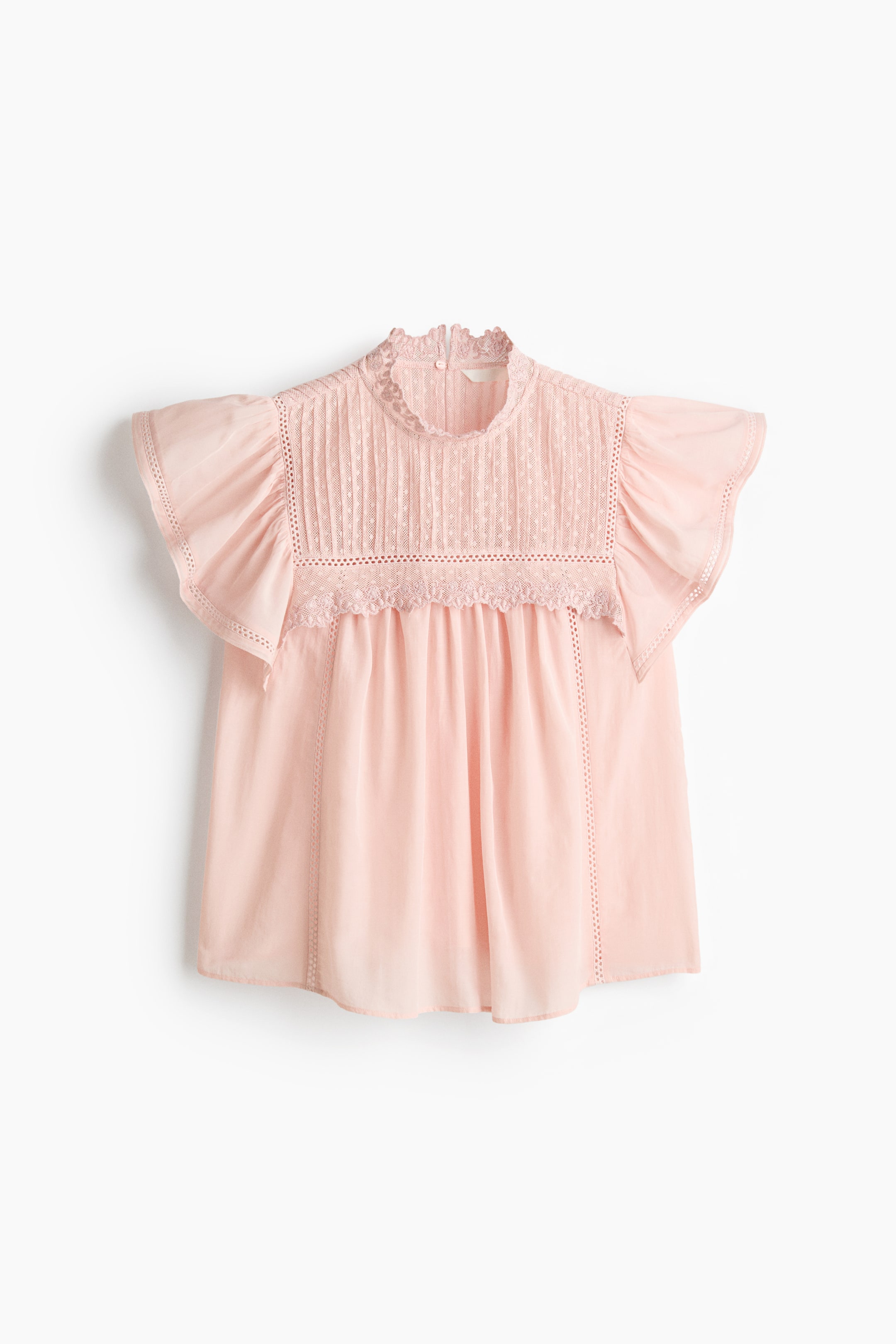 Lace-Trimmed Flutter-Sleeved Blouse