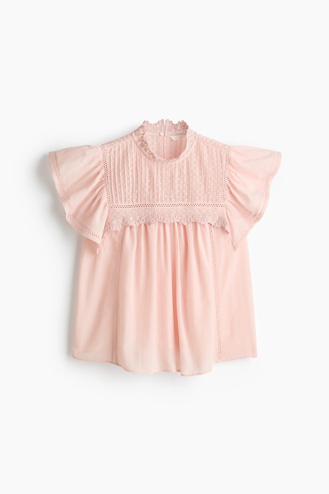 Lace-Trimmed Flutter-Sleeved Blouse - Light pink - 1