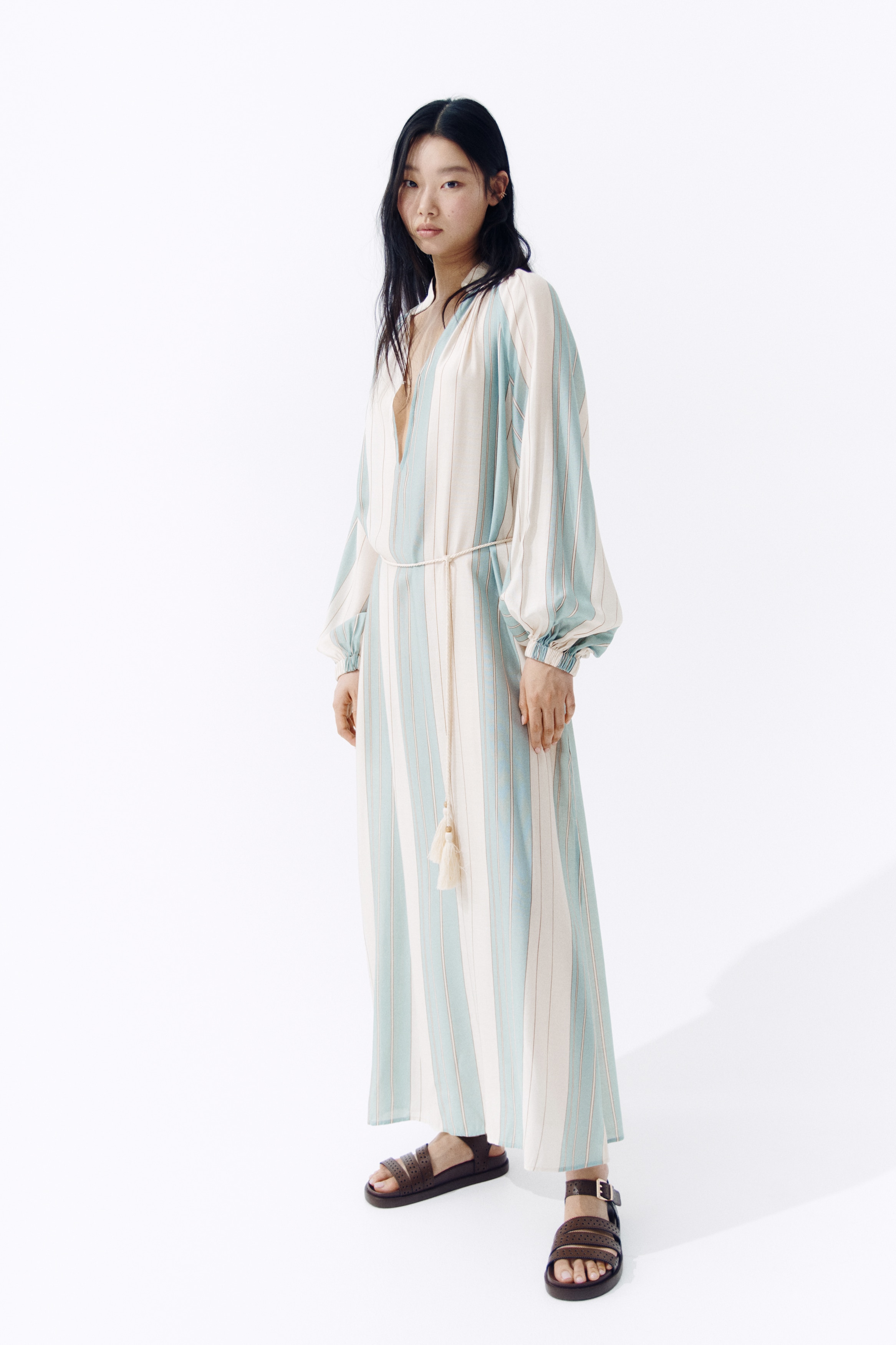 Predimenzionisana haljina sa pojasom za vezivanje - Svetlobež/tirkizna/pruge/Crna/dezen zebre